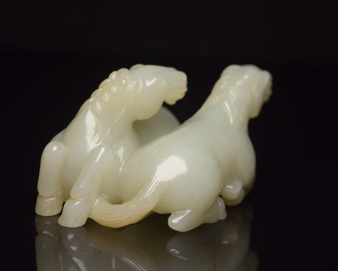 A1470 Superb Chinese Hetian Jade Carved Double Horse Statue
