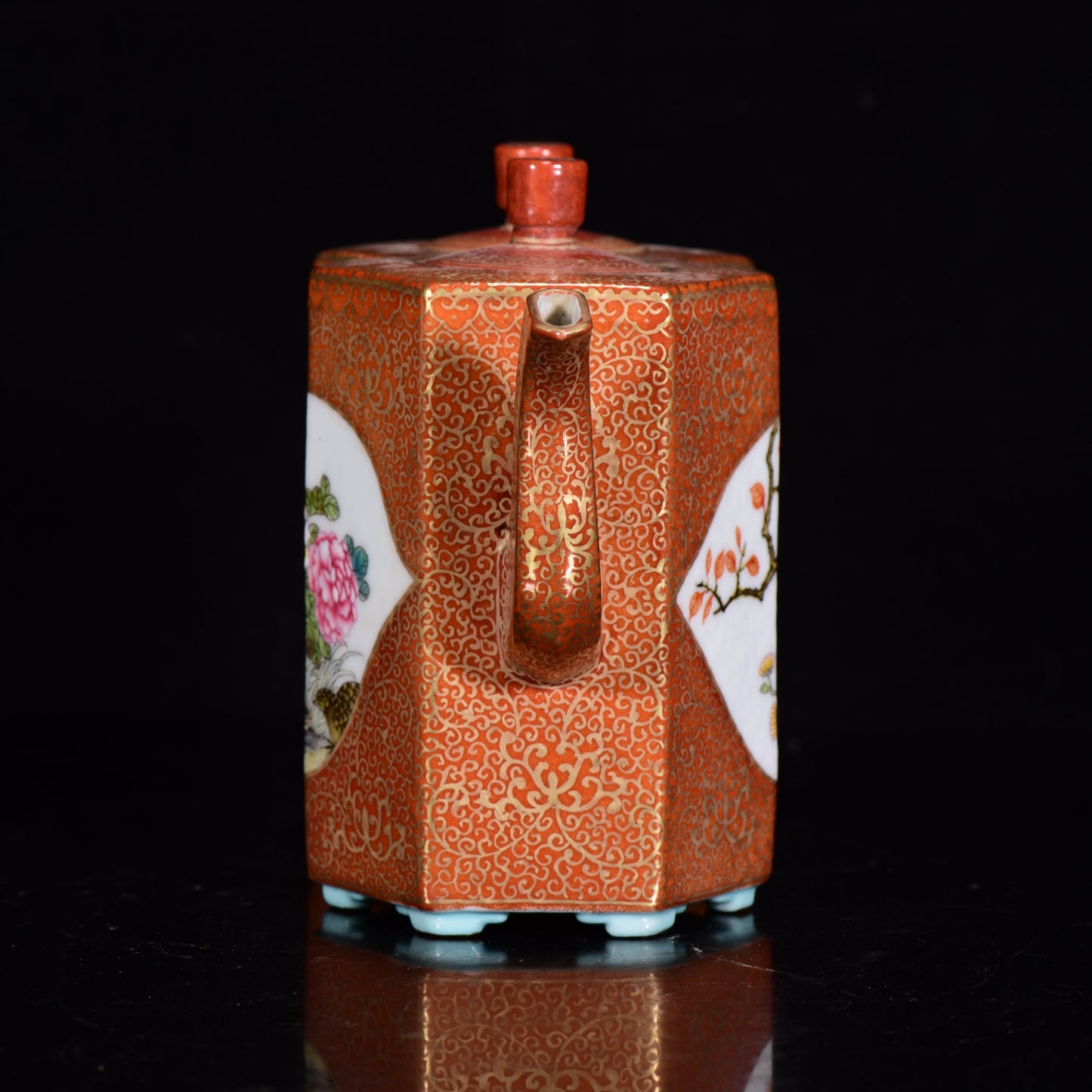 A1480 Chinese Qing Dynasty Gilt Gold Iron Red Glaze Famille Rose Flowers Bird Design Conjoined Porcelain Teapot