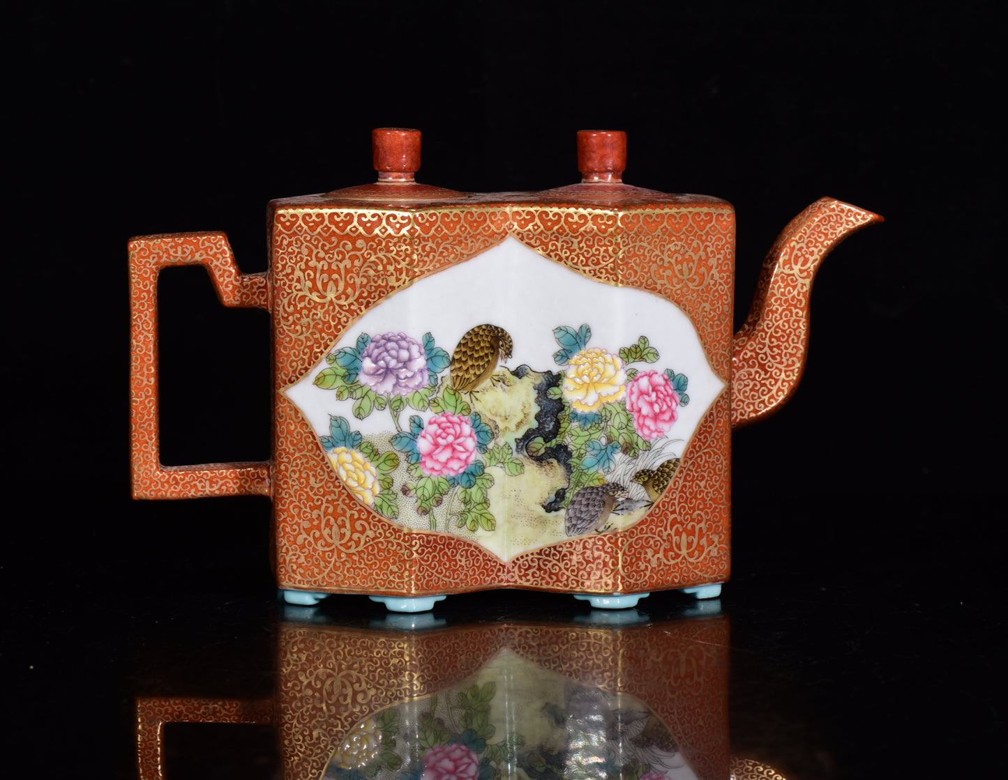 A1480 Chinese Qing Dynasty Gilt Gold Iron Red Glaze Famille Rose Flowers Bird Design Conjoined Porcelain Teapot