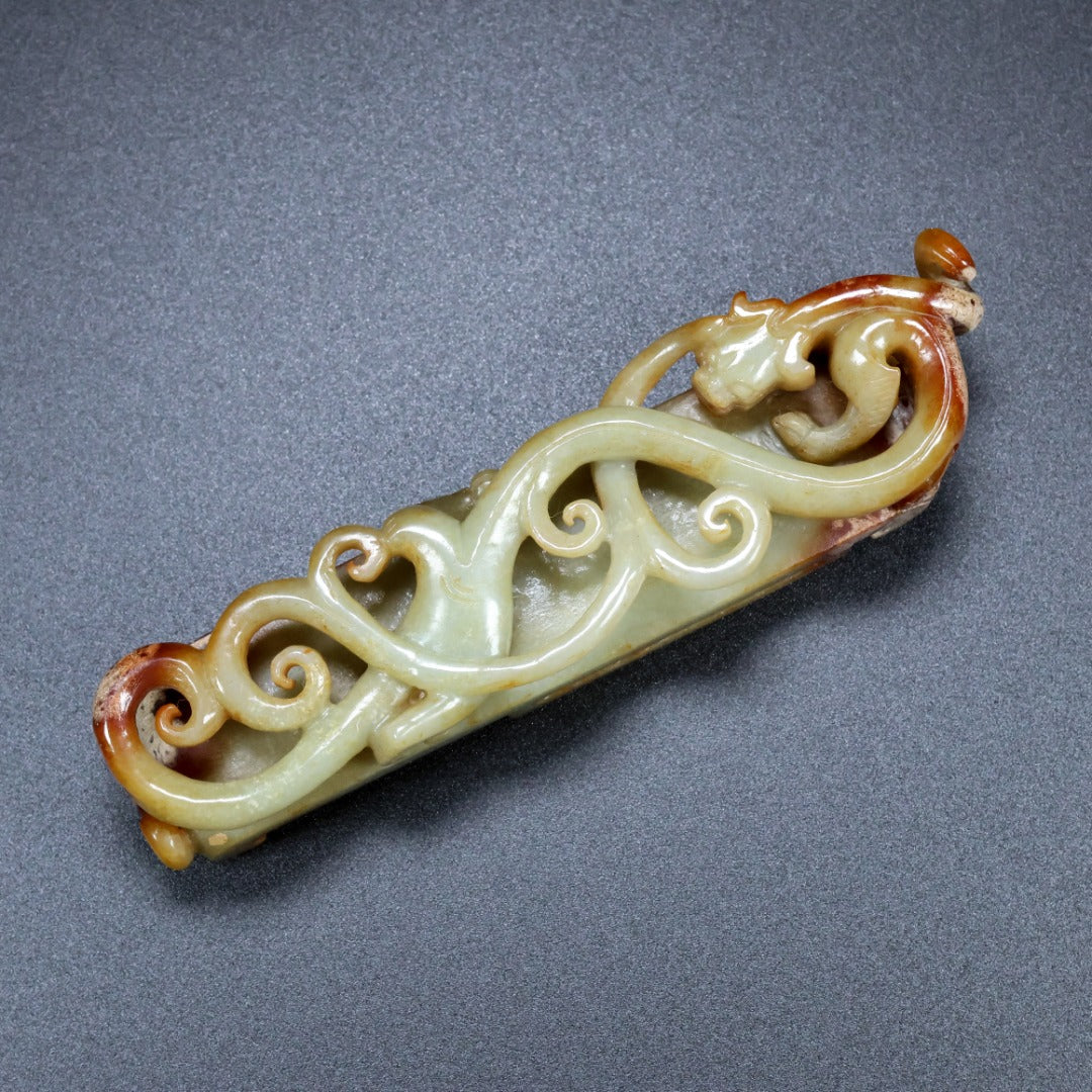 A1495 A Set Superb Old Chinese Hetian Jade High Relief Chi Dragon Sword Ornament