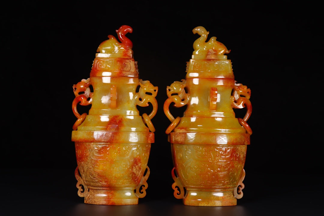A1500 A Pair Superb Old Chinese Hetian Jade Carved Double Dragon Rings Vase