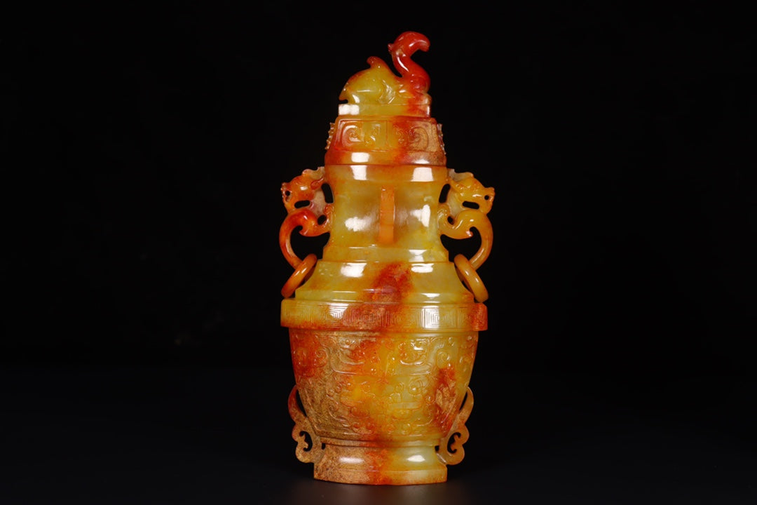 A1500 A Pair Superb Old Chinese Hetian Jade Carved Double Dragon Rings Vase
