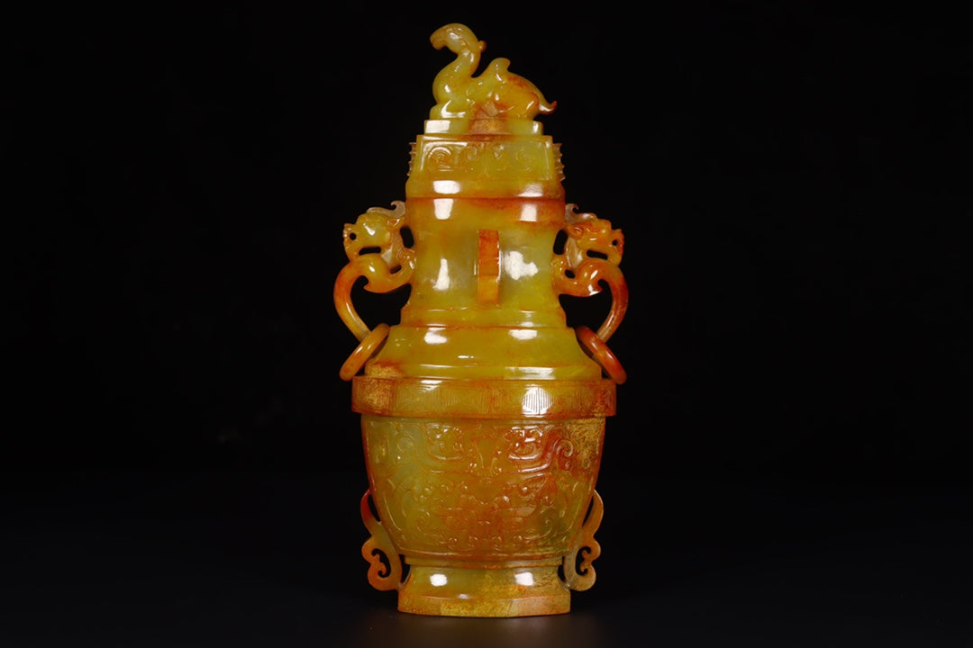 A1500 A Pair Superb Old Chinese Hetian Jade Carved Double Dragon Rings Vase