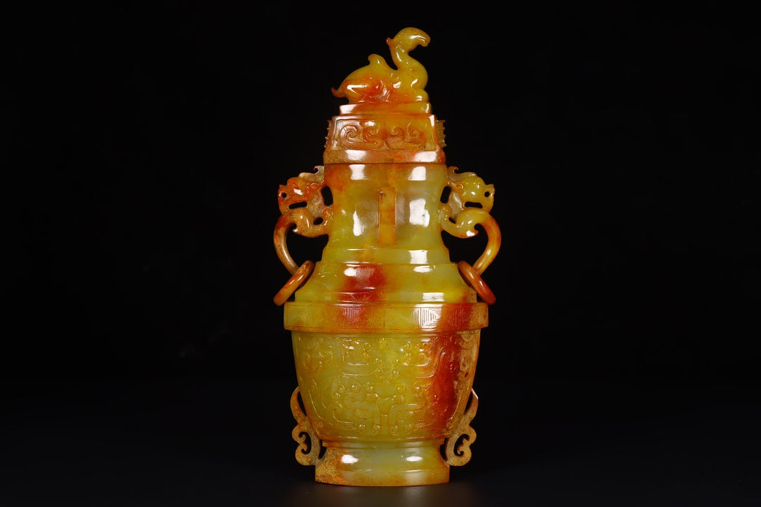 A1500 A Pair Superb Old Chinese Hetian Jade Carved Double Dragon Rings Vase