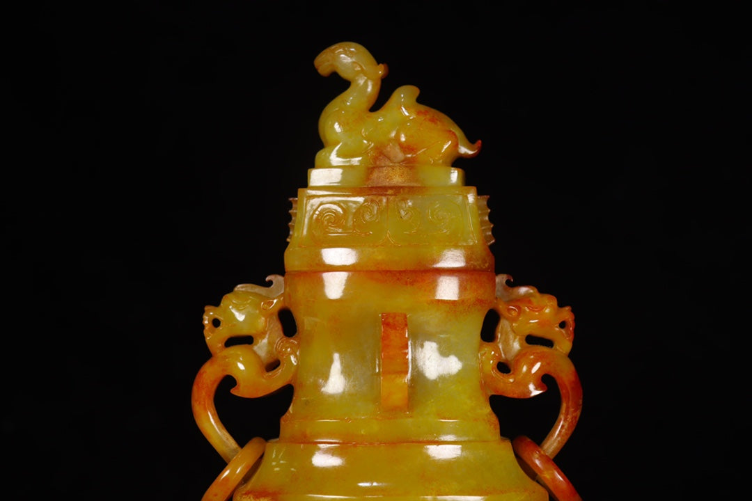 A1500 A Pair Superb Old Chinese Hetian Jade Carved Double Dragon Rings Vase