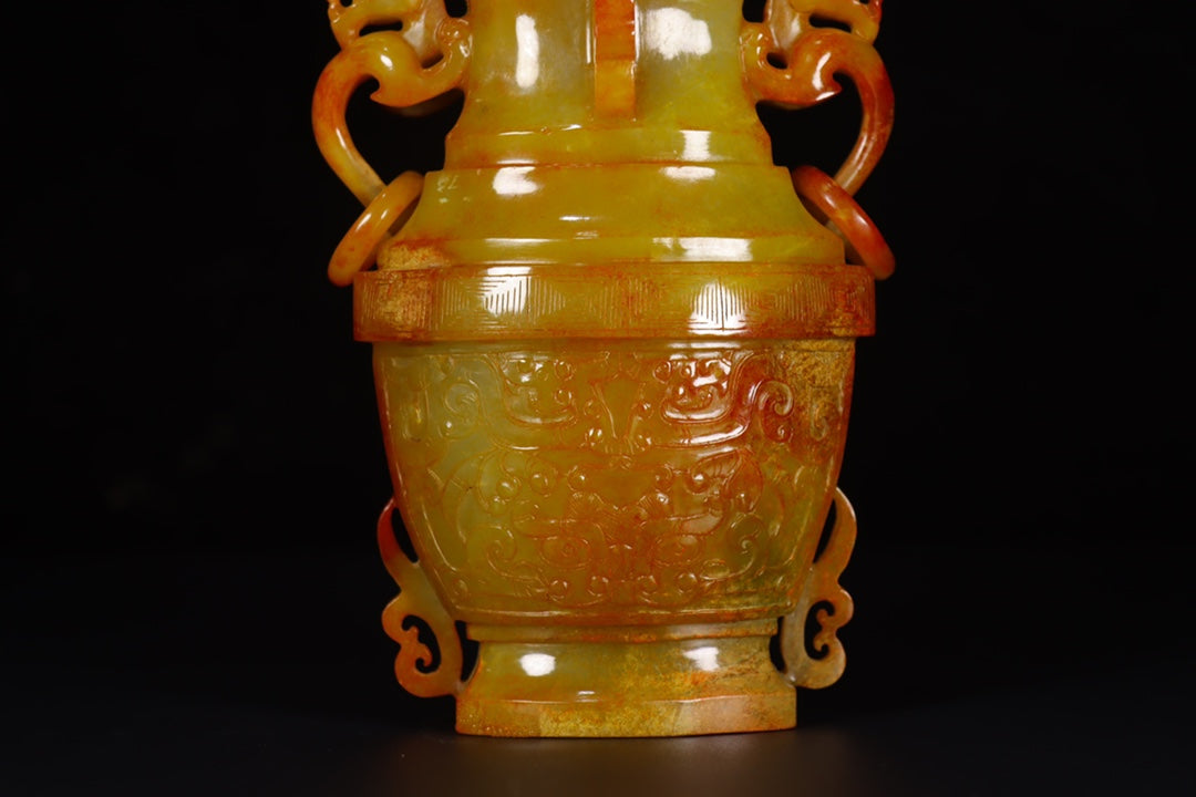 A1500 A Pair Superb Old Chinese Hetian Jade Carved Double Dragon Rings Vase