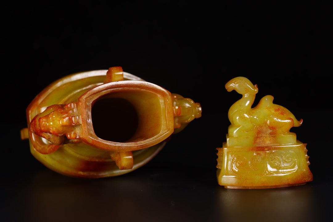 A1500 A Pair Superb Old Chinese Hetian Jade Carved Double Dragon Rings Vase