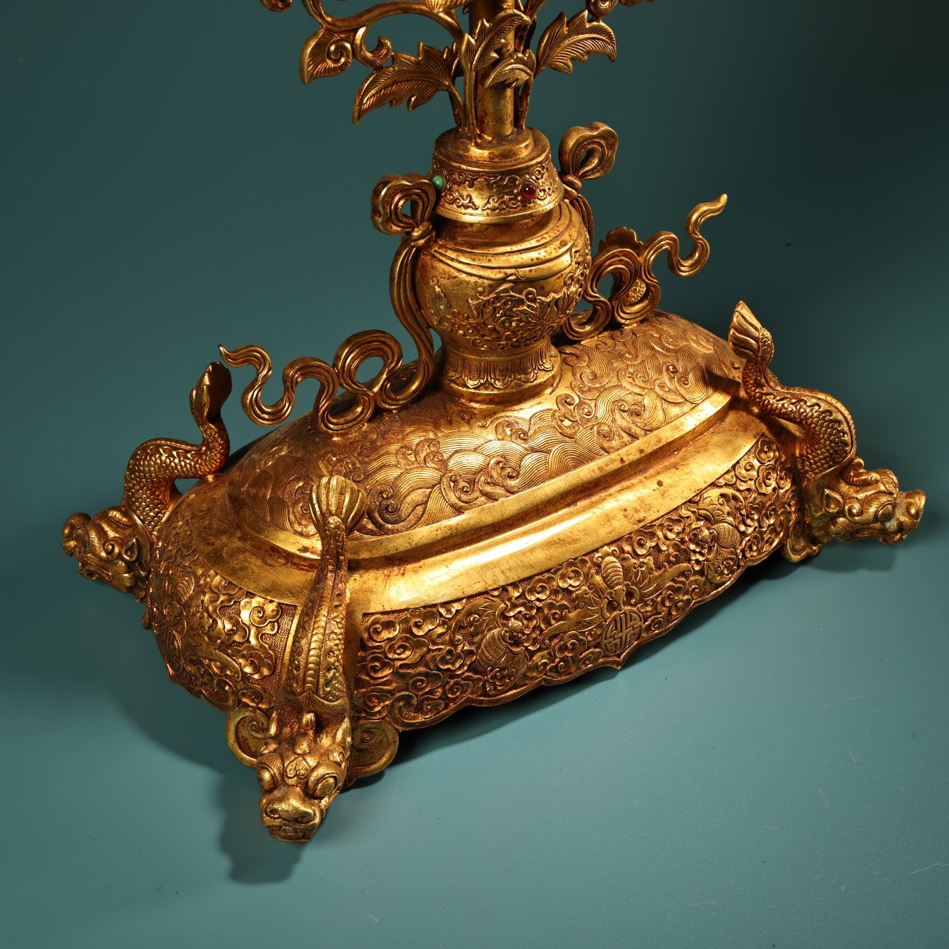 A1504 Vintage Chinese Gilt Gold Copper Inlay Gem Dragon Fish & Lotus Flower Statue