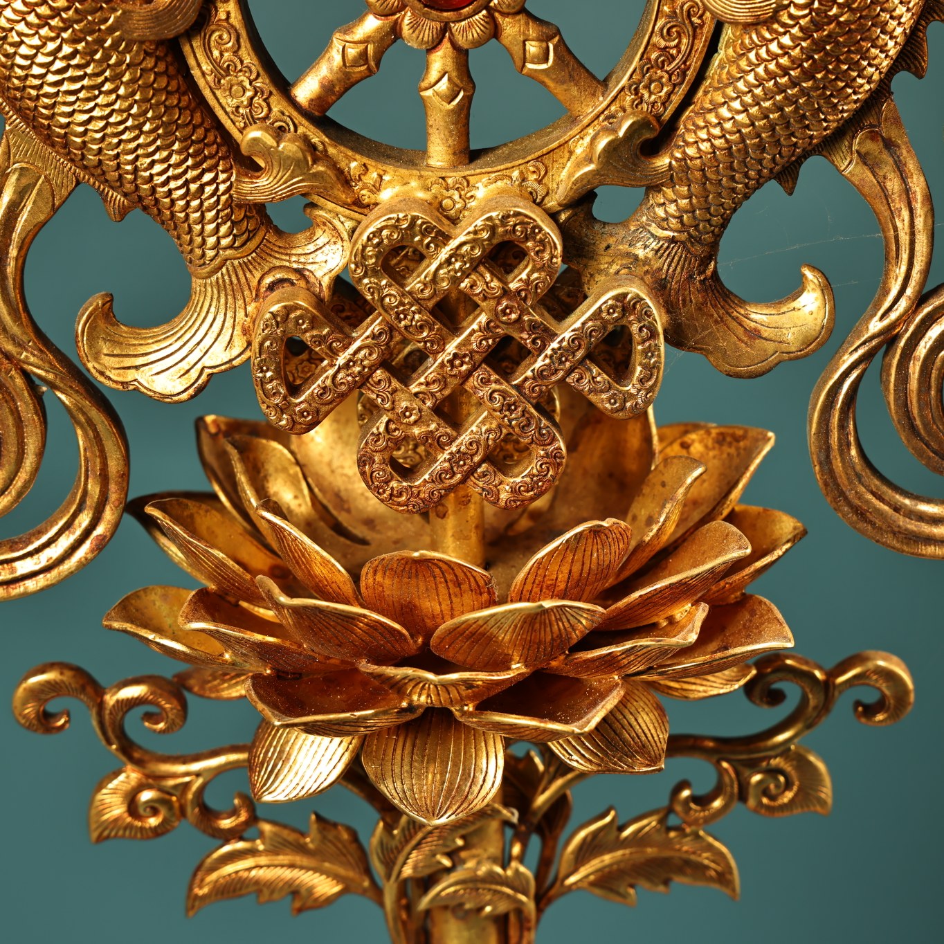 A1504 Vintage Chinese Gilt Gold Copper Inlay Gem Dragon Fish & Lotus Flower Statue