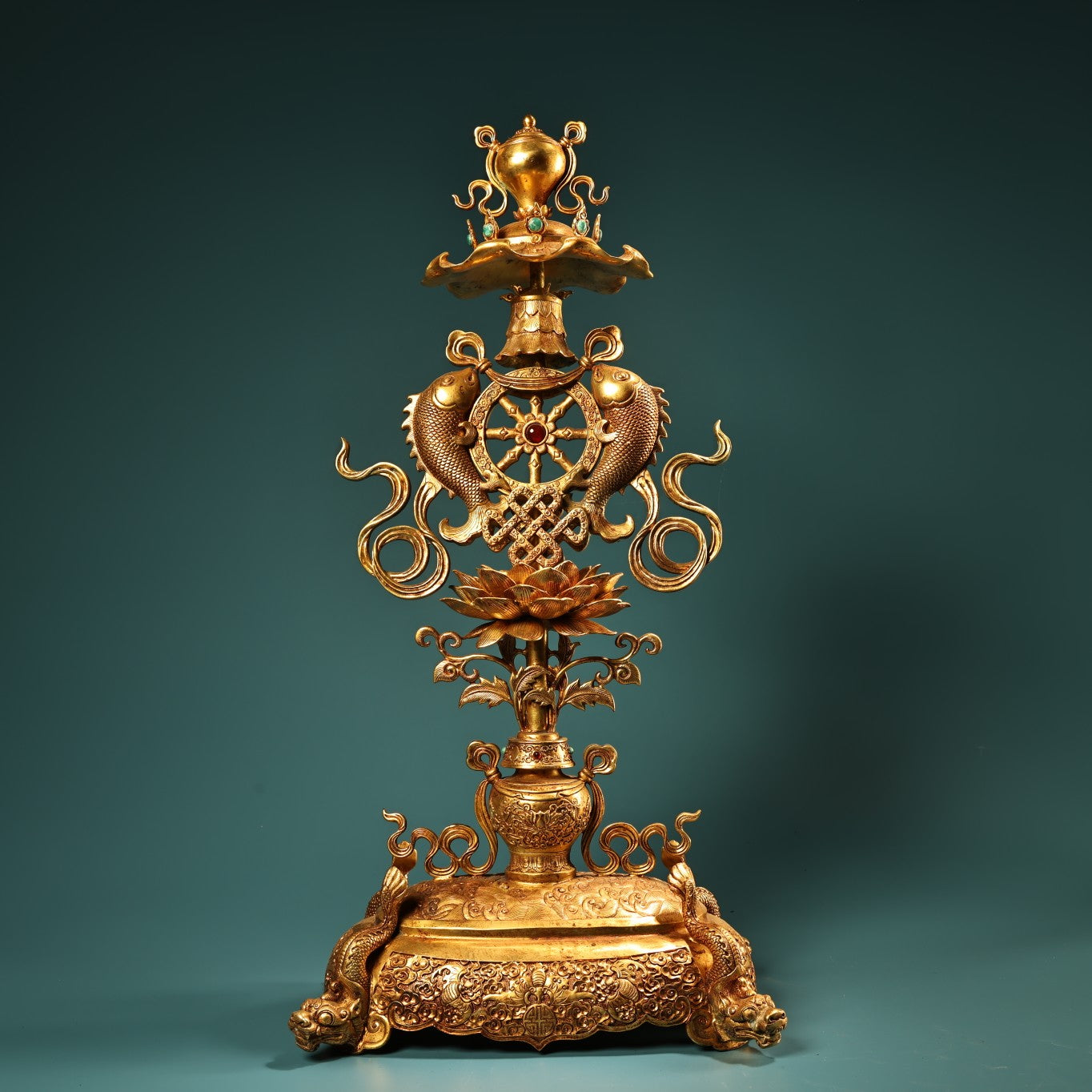 A1504 Vintage Chinese Gilt Gold Copper Inlay Gem Dragon Fish & Lotus Flower Statue