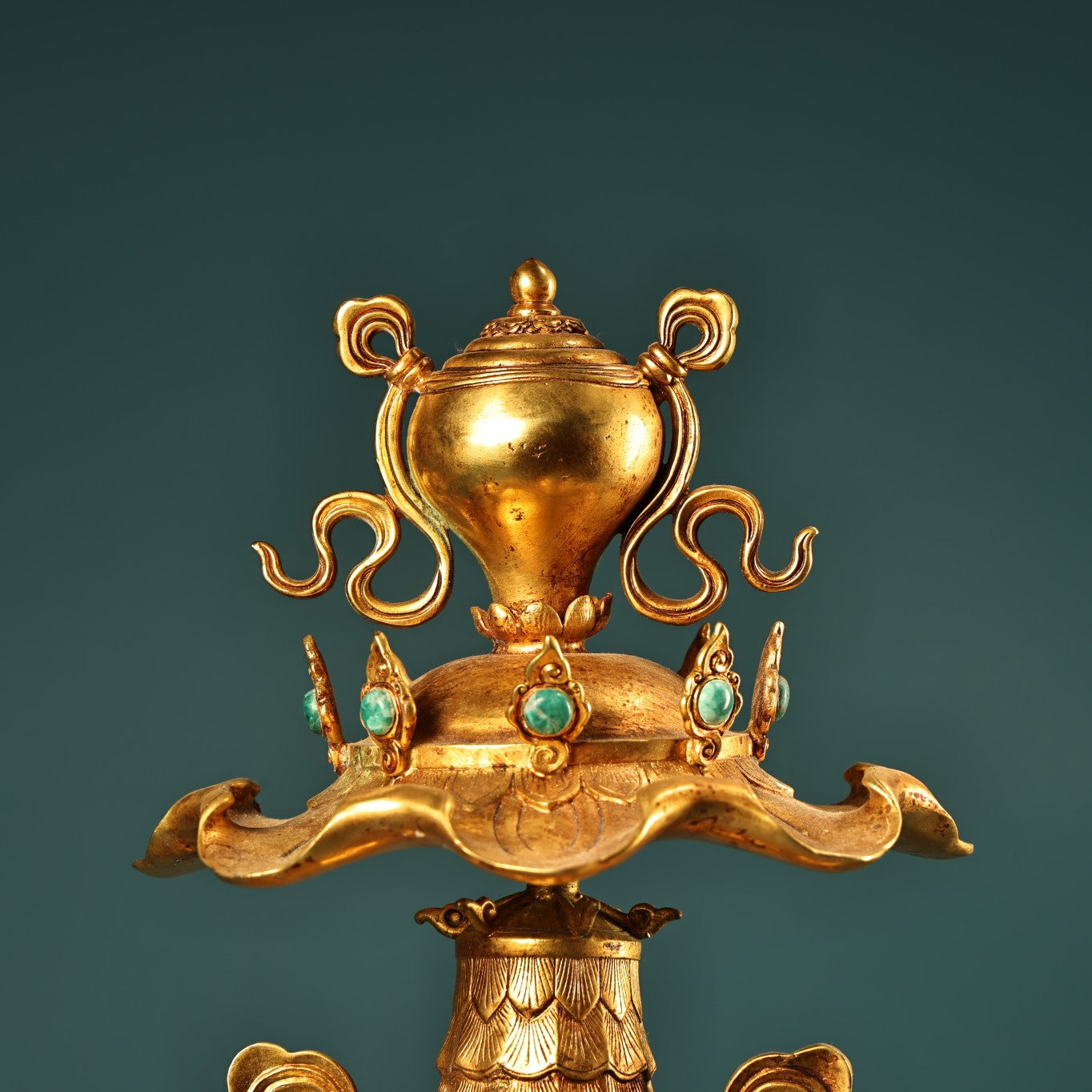A1504 Vintage Chinese Gilt Gold Copper Inlay Gem Dragon Fish & Lotus Flower Statue