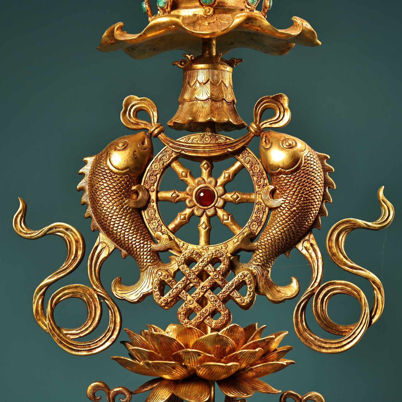 A1504 Vintage Chinese Gilt Gold Copper Inlay Gem Dragon Fish & Lotus Flower Statue