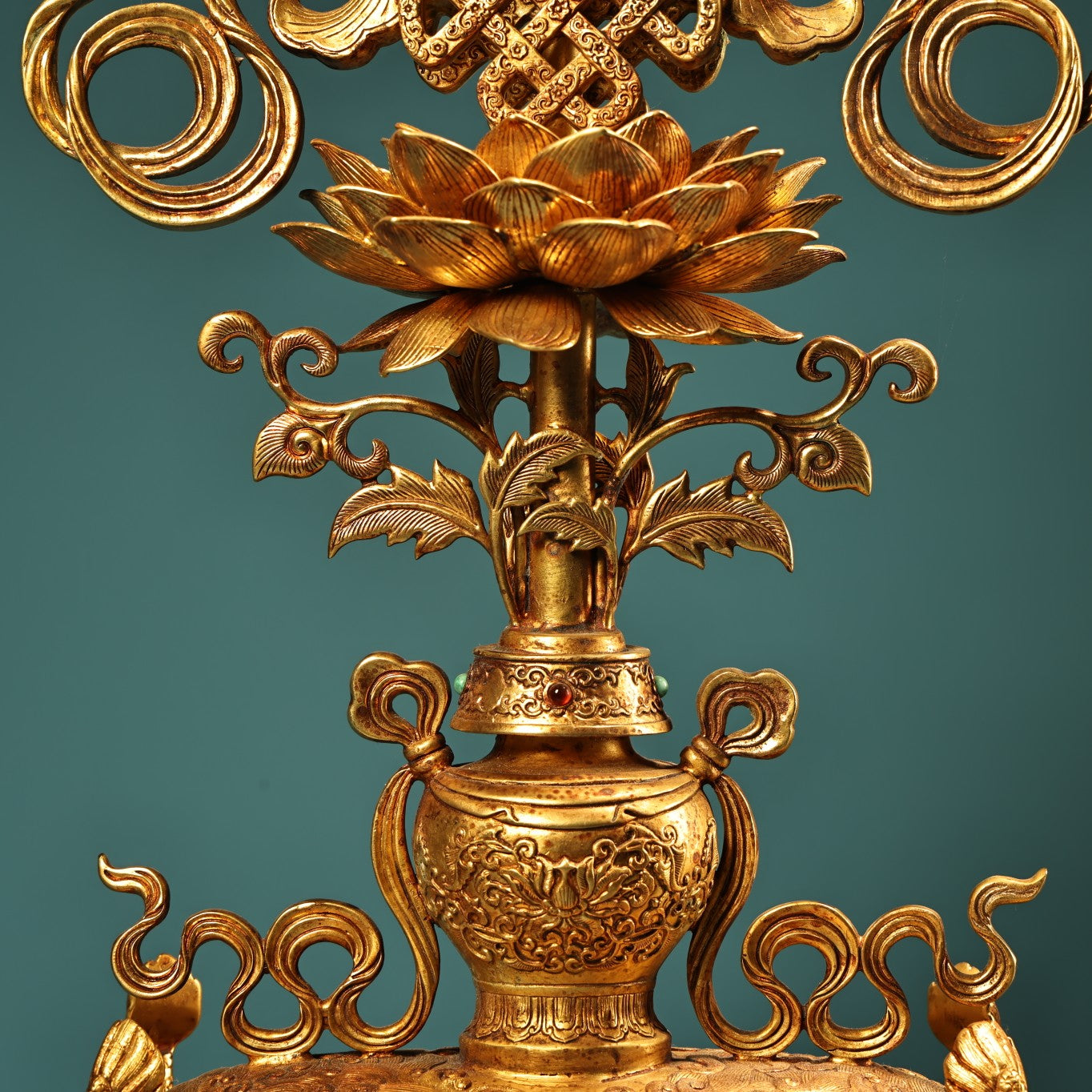 A1504 Vintage Chinese Gilt Gold Copper Inlay Gem Dragon Fish & Lotus Flower Statue