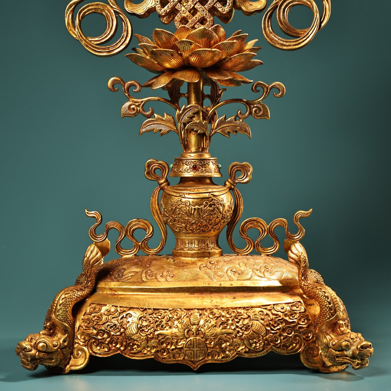 A1504 Vintage Chinese Gilt Gold Copper Inlay Gem Dragon Fish & Lotus Flower Statue