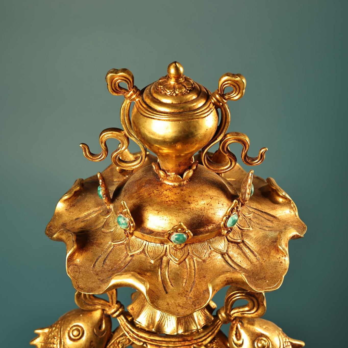 A1504 Vintage Chinese Gilt Gold Copper Inlay Gem Dragon Fish & Lotus Flower Statue