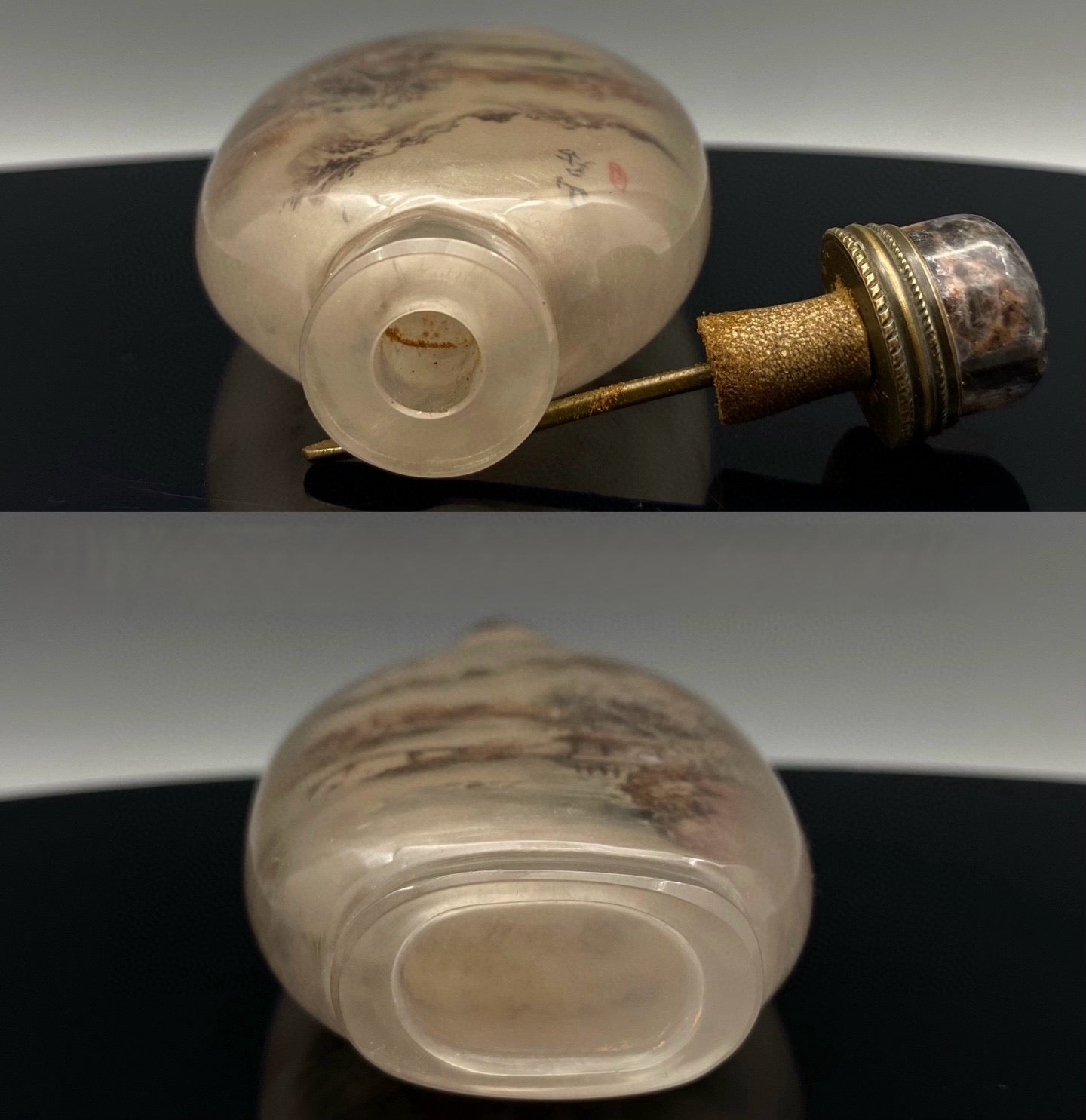 A1507 Old Chinese Crystal Inside Painting Mountain River Scene Design Snuff Bottle w Stopper