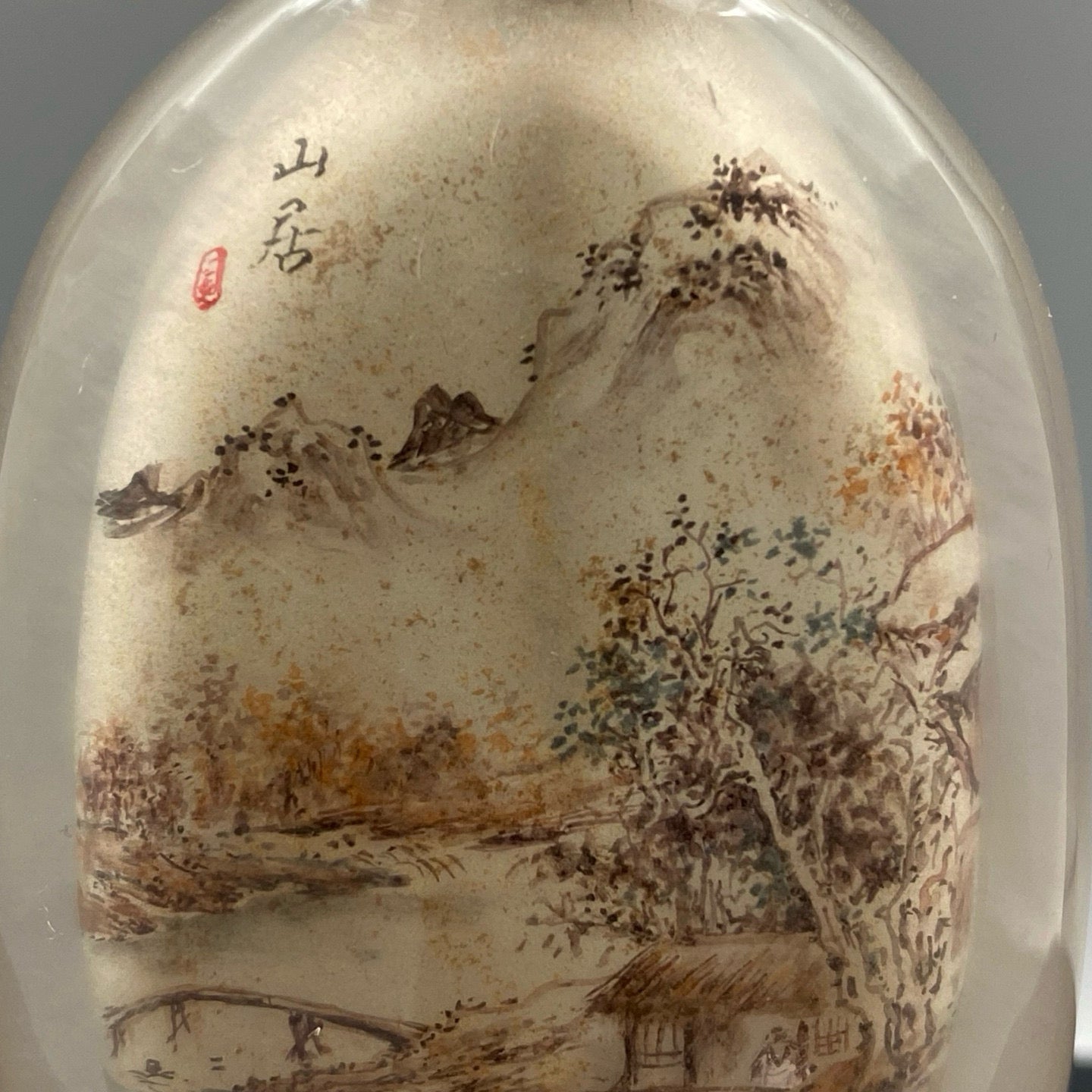A1507 Old Chinese Crystal Inside Painting Mountain River Scene Design Snuff Bottle w Stopper