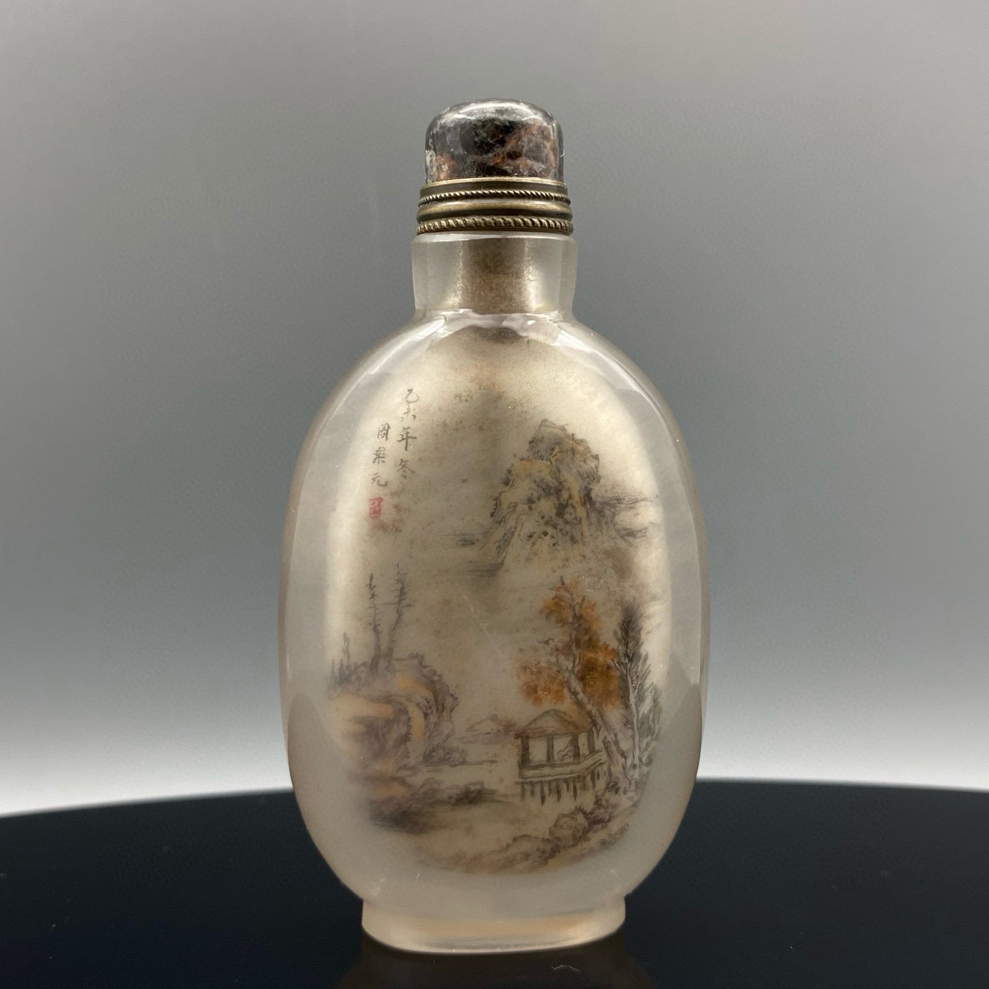 A1507 Old Chinese Crystal Inside Painting Mountain River Scene Design Snuff Bottle w Stopper