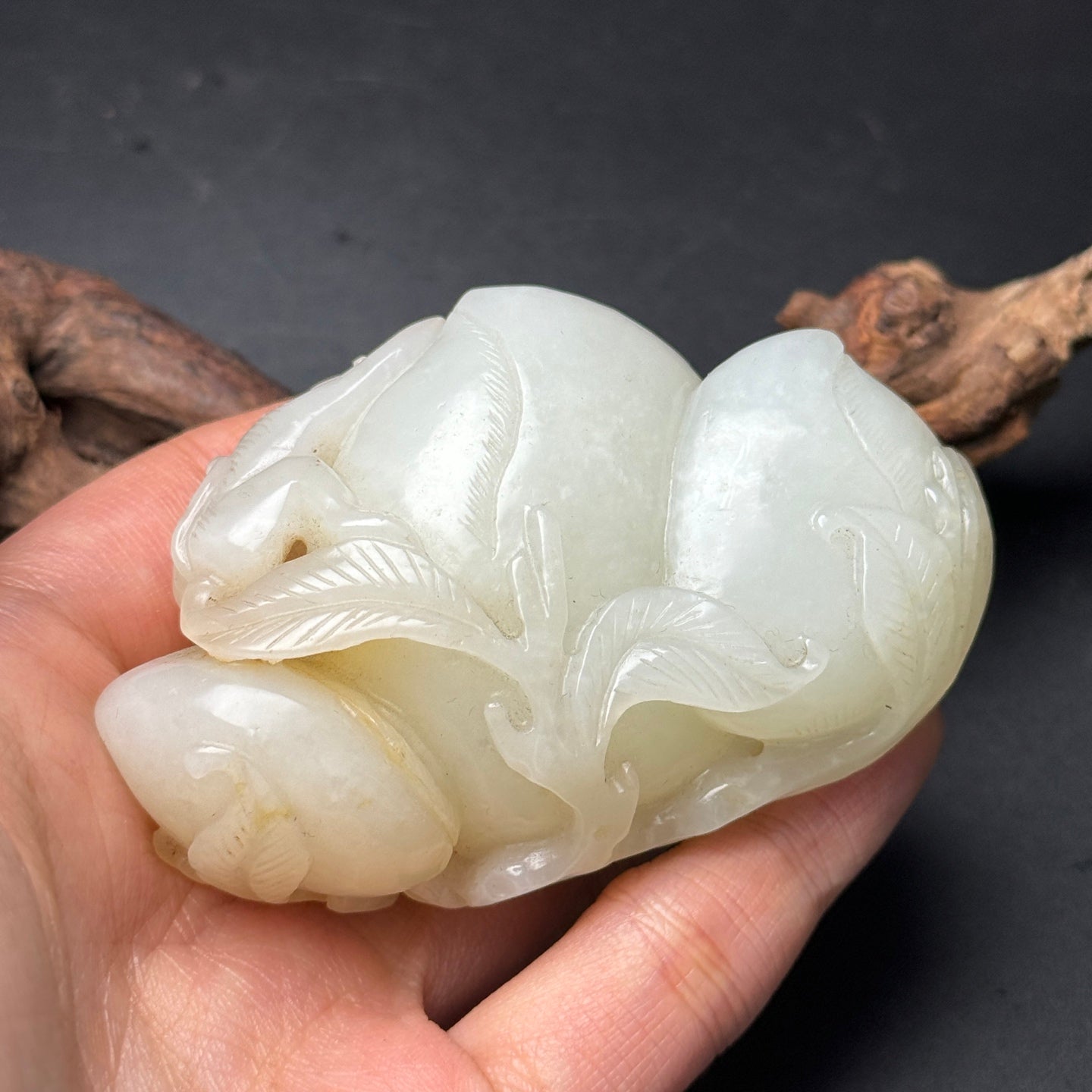 A1509 Chinese Natural Hetian Jade Carved Peach & Monkey Statue