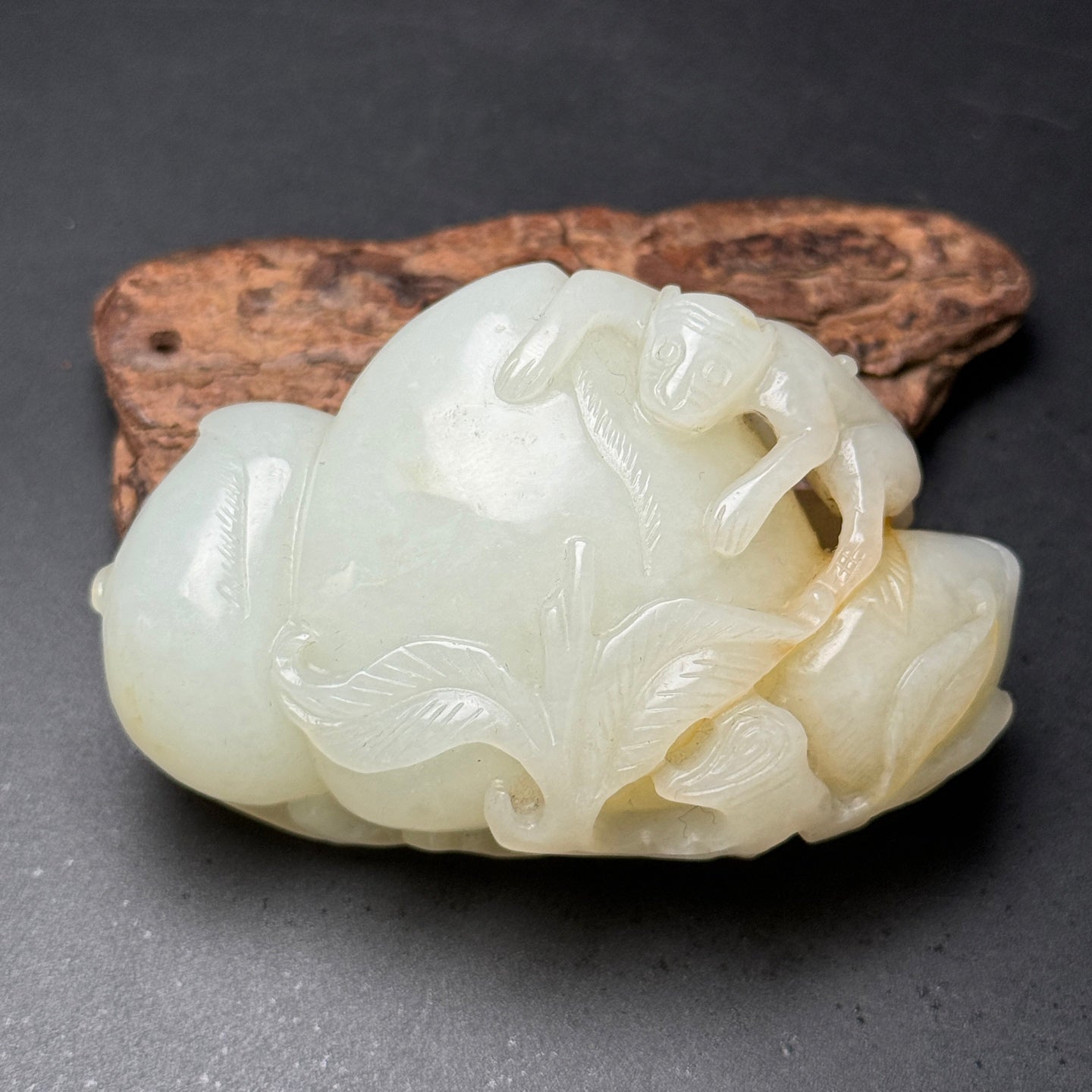 A1509 Chinese Natural Hetian Jade Carved Peach & Monkey Statue