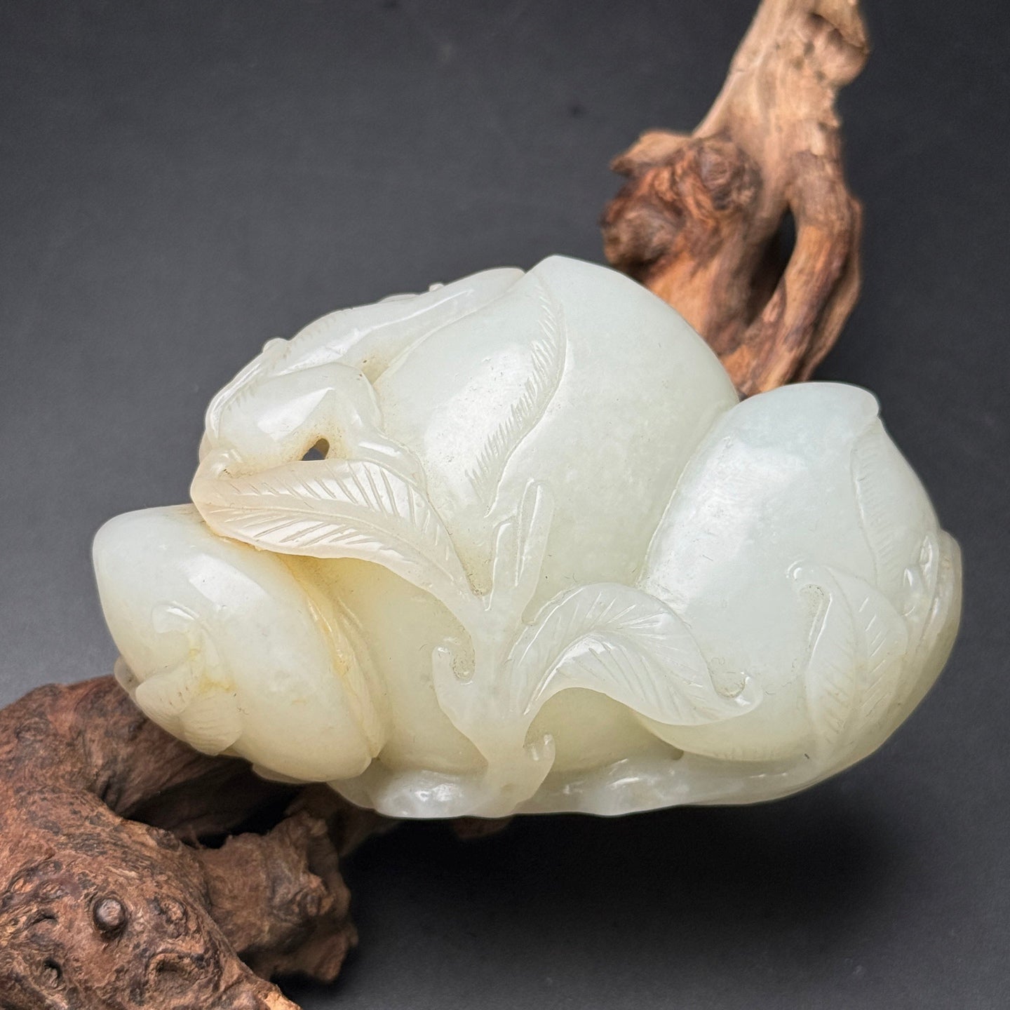 A1509 Chinese Natural Hetian Jade Carved Peach & Monkey Statue