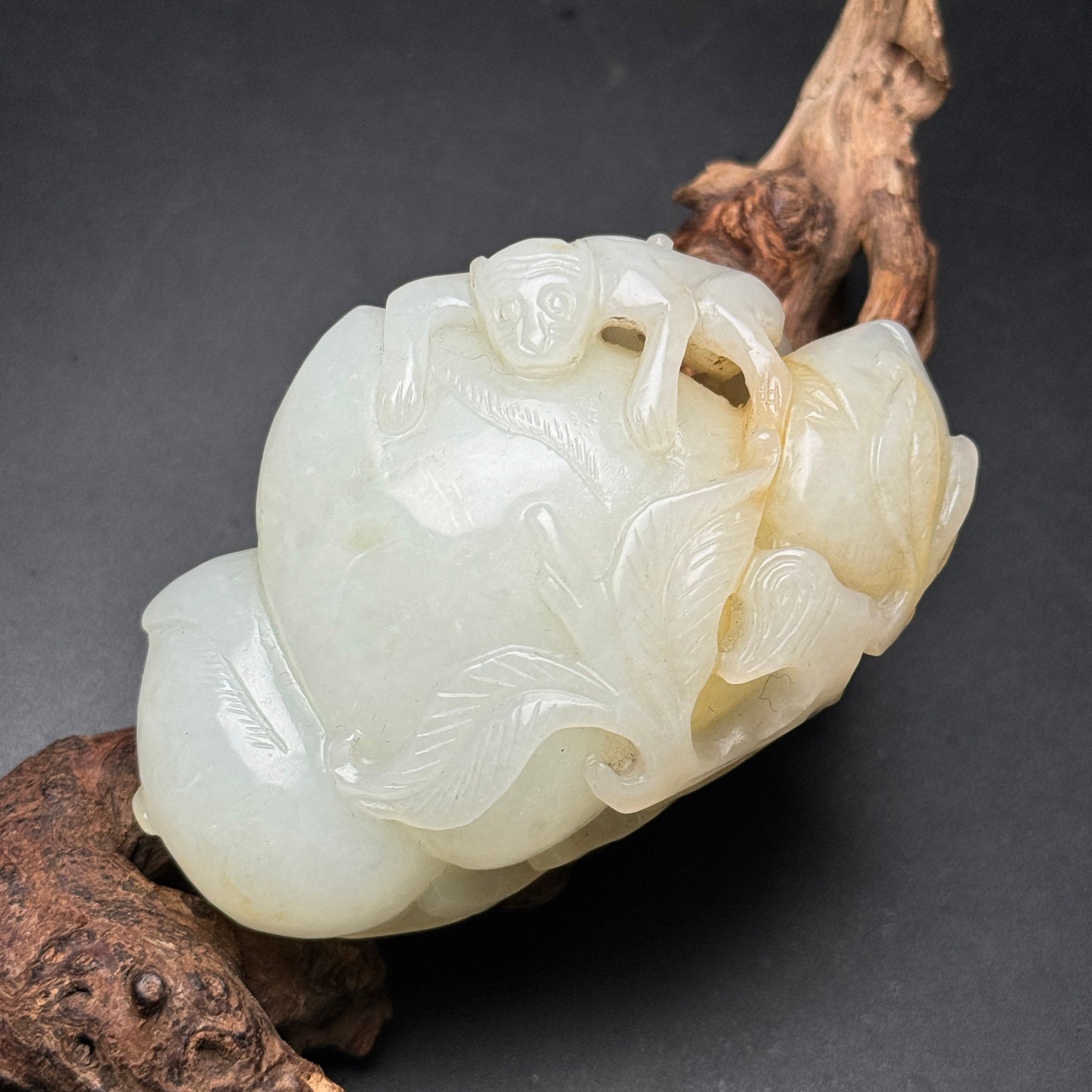 A1509 Chinese Natural Hetian Jade Carved Peach & Monkey Statue