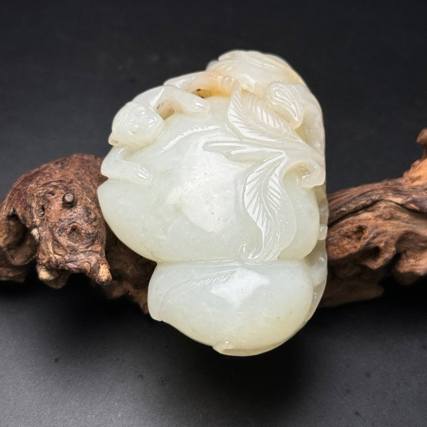 A1509 Chinese Natural Hetian Jade Carved Peach & Monkey Statue