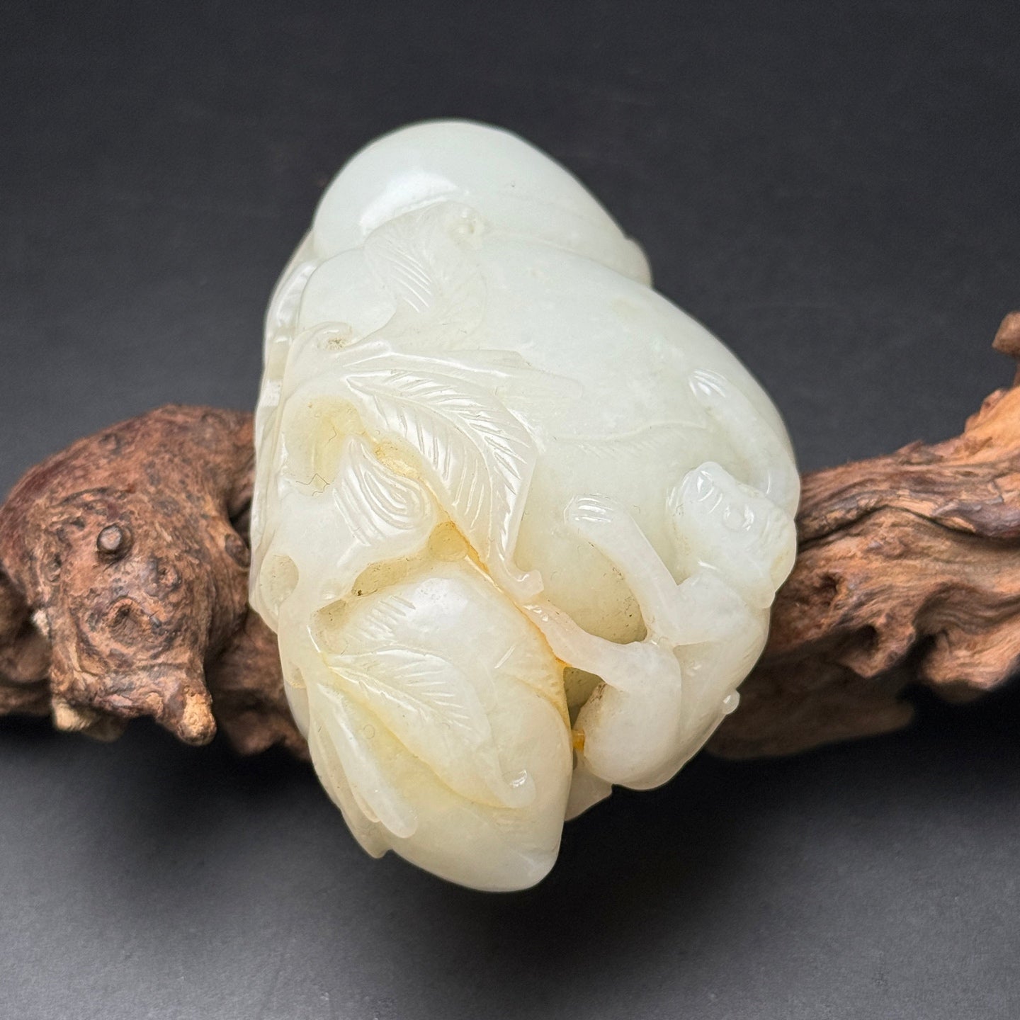A1509 Chinese Natural Hetian Jade Carved Peach & Monkey Statue