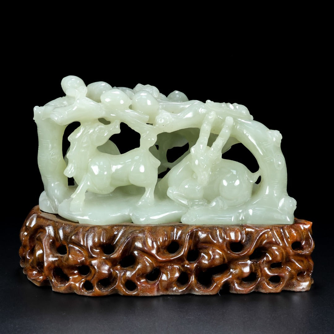 A1521 Superb Chinese Hetian Jade Carved Fortune Deer Statue