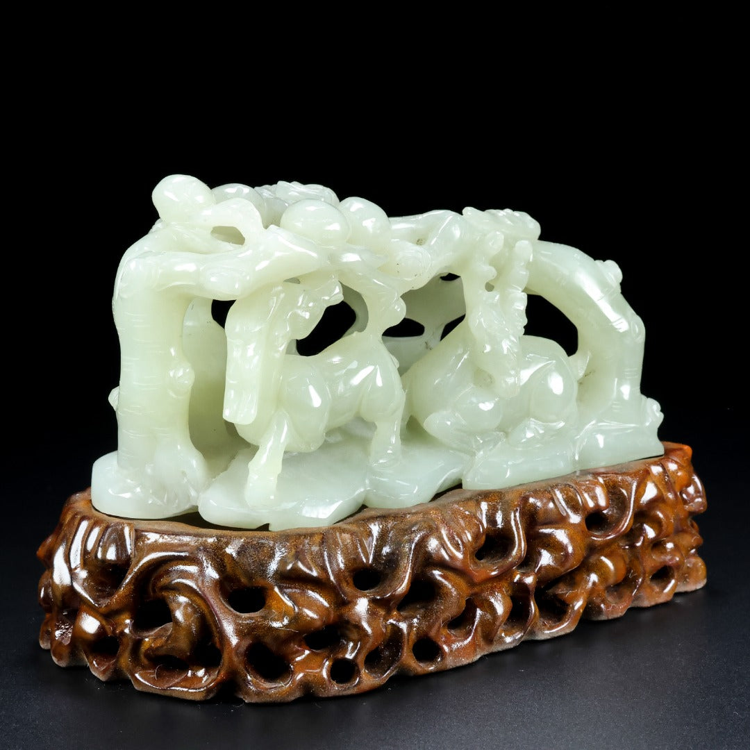 A1521 Superb Chinese Hetian Jade Carved Fortune Deer Statue