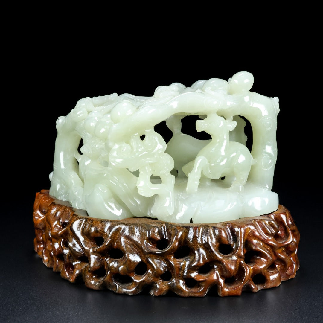 A1521 Superb Chinese Hetian Jade Carved Fortune Deer Statue