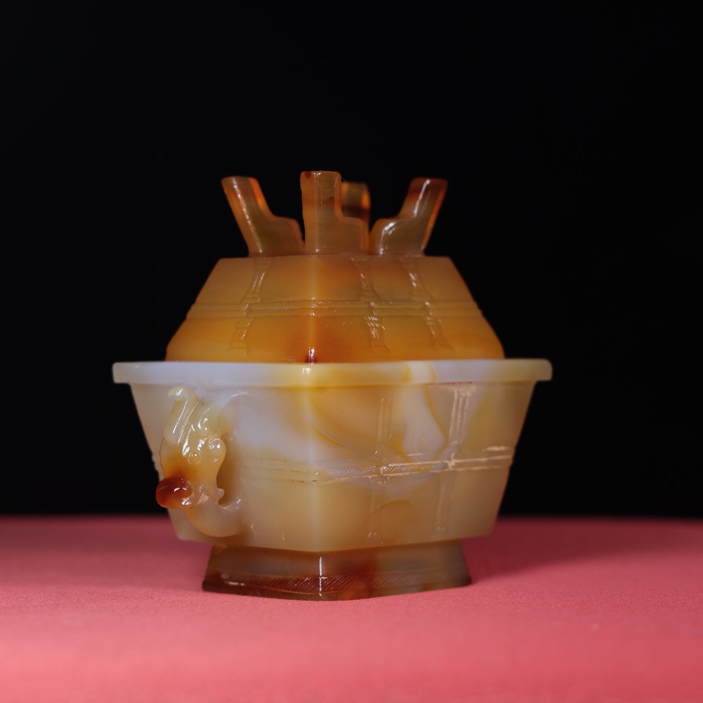 A1530 Exquisite Agate Carved Double Ear Incense Burner