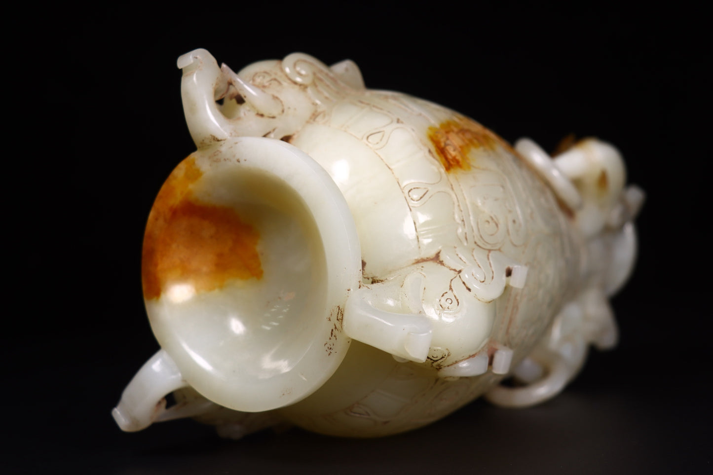 A1535 Vintage Chinese Hetian Jade Carved Elephant Ring Vase