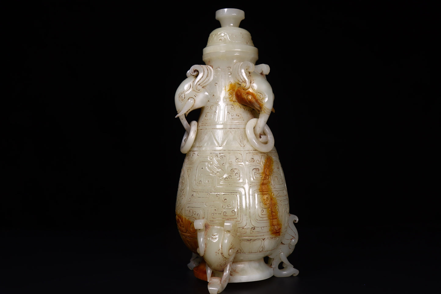 A1535 Vintage Chinese Hetian Jade Carved Elephant Ring Vase