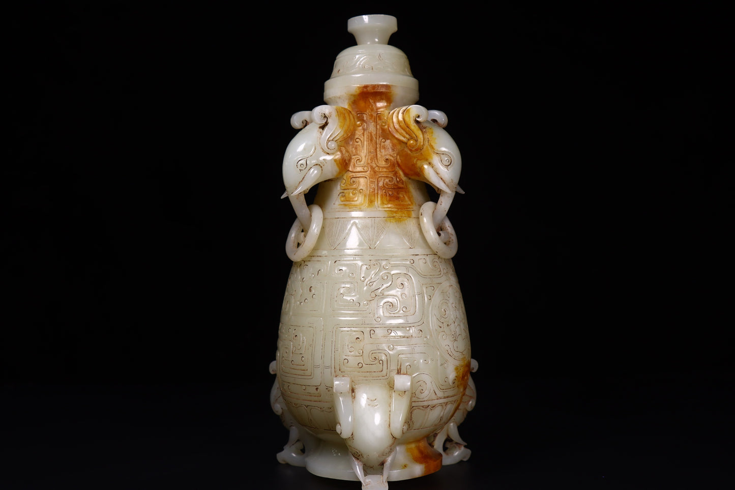 A1535 Vintage Chinese Hetian Jade Carved Elephant Ring Vase