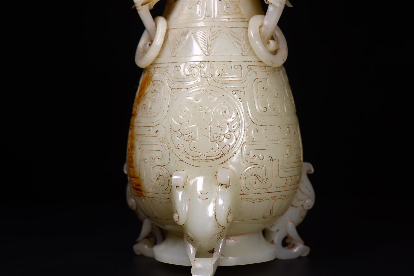 A1535 Vintage Chinese Hetian Jade Carved Elephant Ring Vase