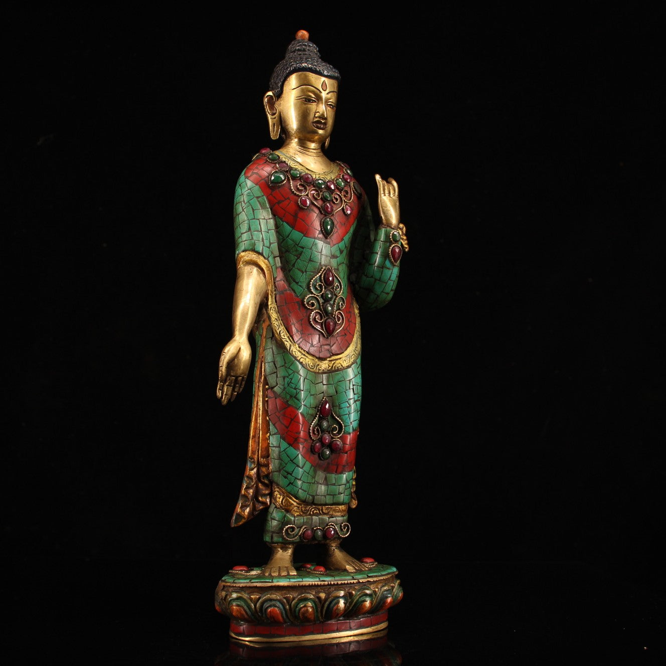 A1536 Tibetan Buddhism Gilt Gold Copper Inlay Turquoise & Gems Buddha Statue
