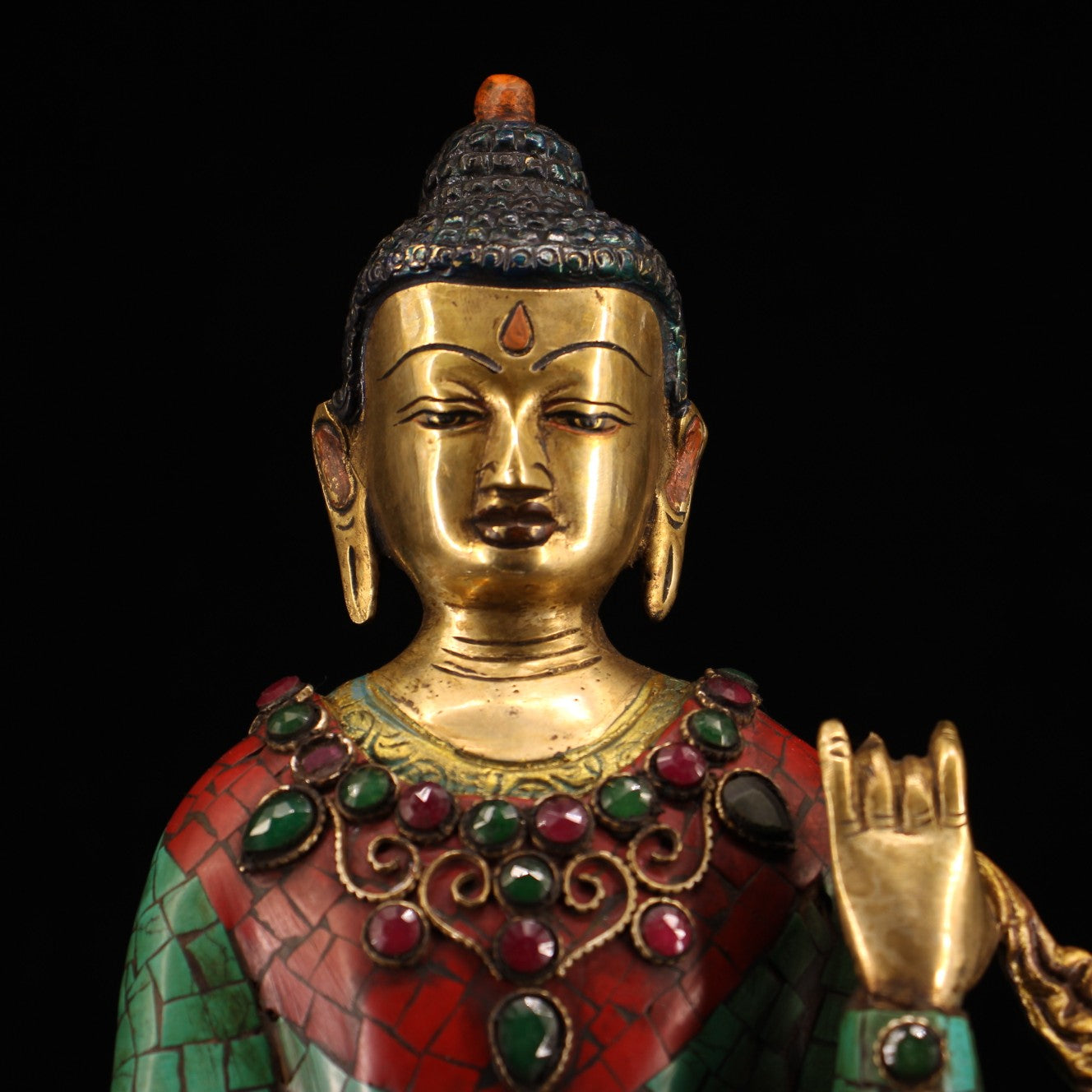 A1536 Tibetan Buddhism Gilt Gold Copper Inlay Turquoise & Gems Buddha Statue
