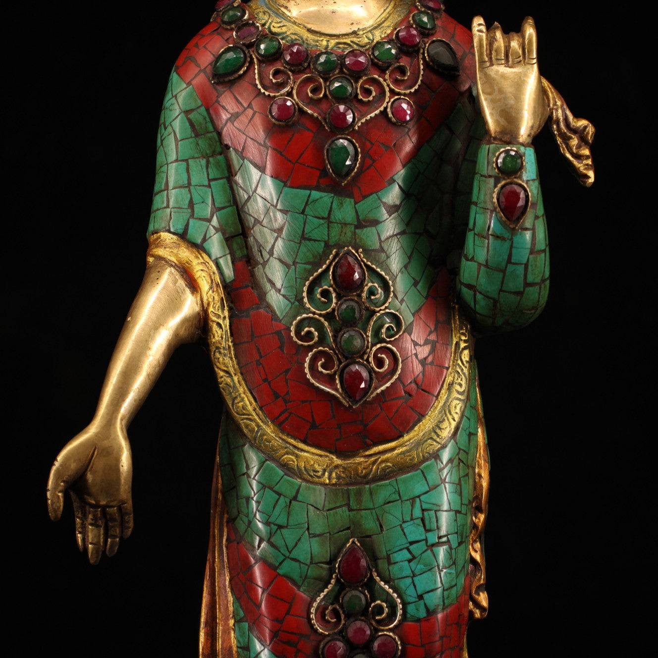 A1536 Tibetan Buddhism Gilt Gold Copper Inlay Turquoise & Gems Buddha Statue