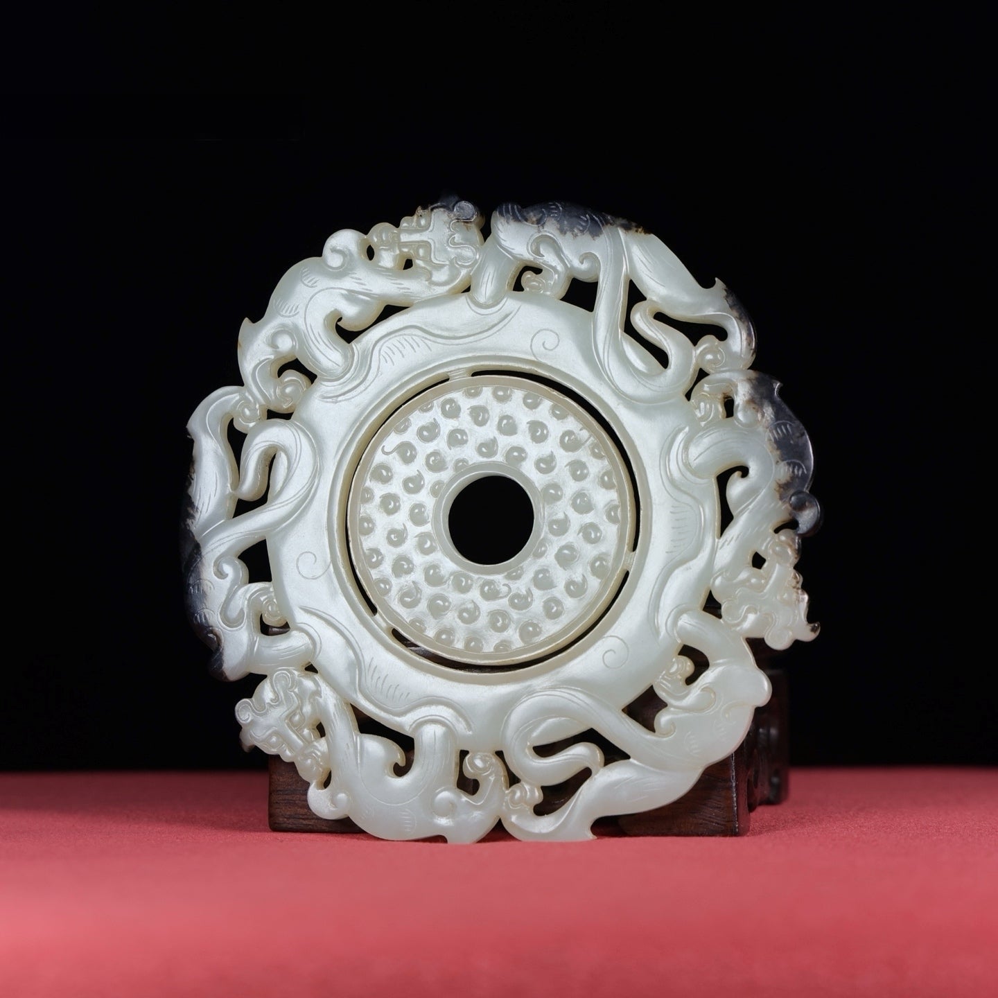 A1540 Openwork Chinese Hetian Jade Carved Chi Dragon Jade Bi
