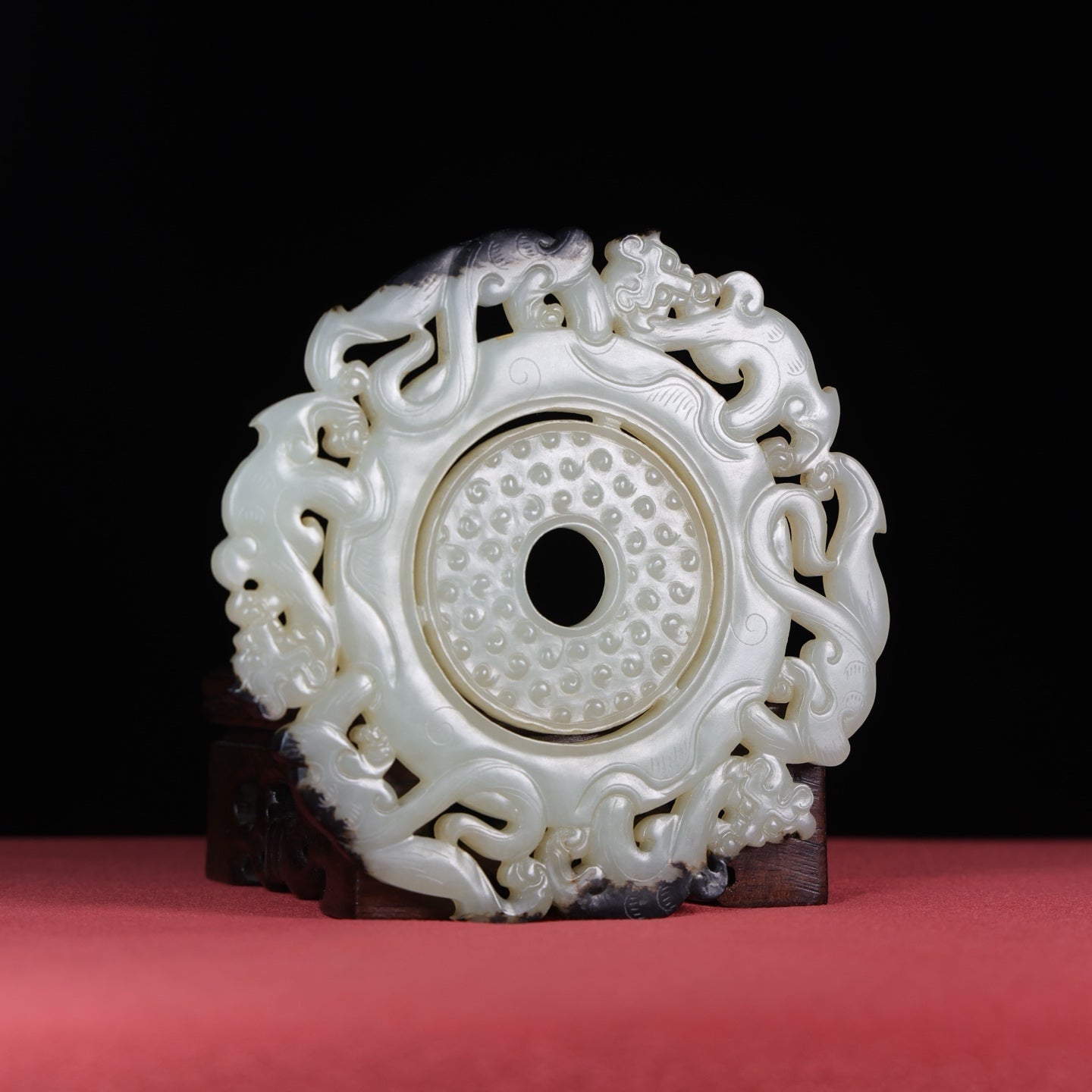 A1540 Openwork Chinese Hetian Jade Carved Chi Dragon Jade Bi
