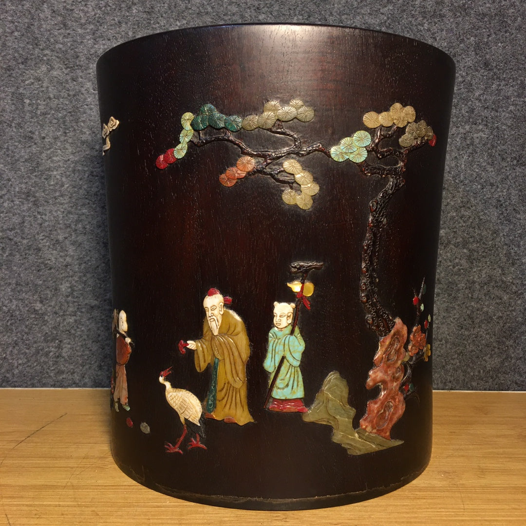 A1544 Vintage Chinese Zitan Wood Inlay Shoushan Stone Pine Tree & Figure Brush Pot