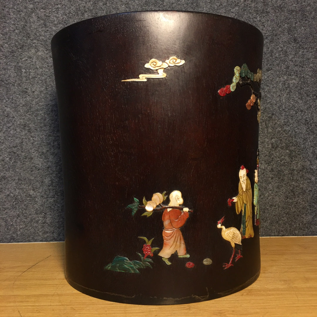 A1544 Vintage Chinese Zitan Wood Inlay Shoushan Stone Pine Tree & Figure Brush Pot
