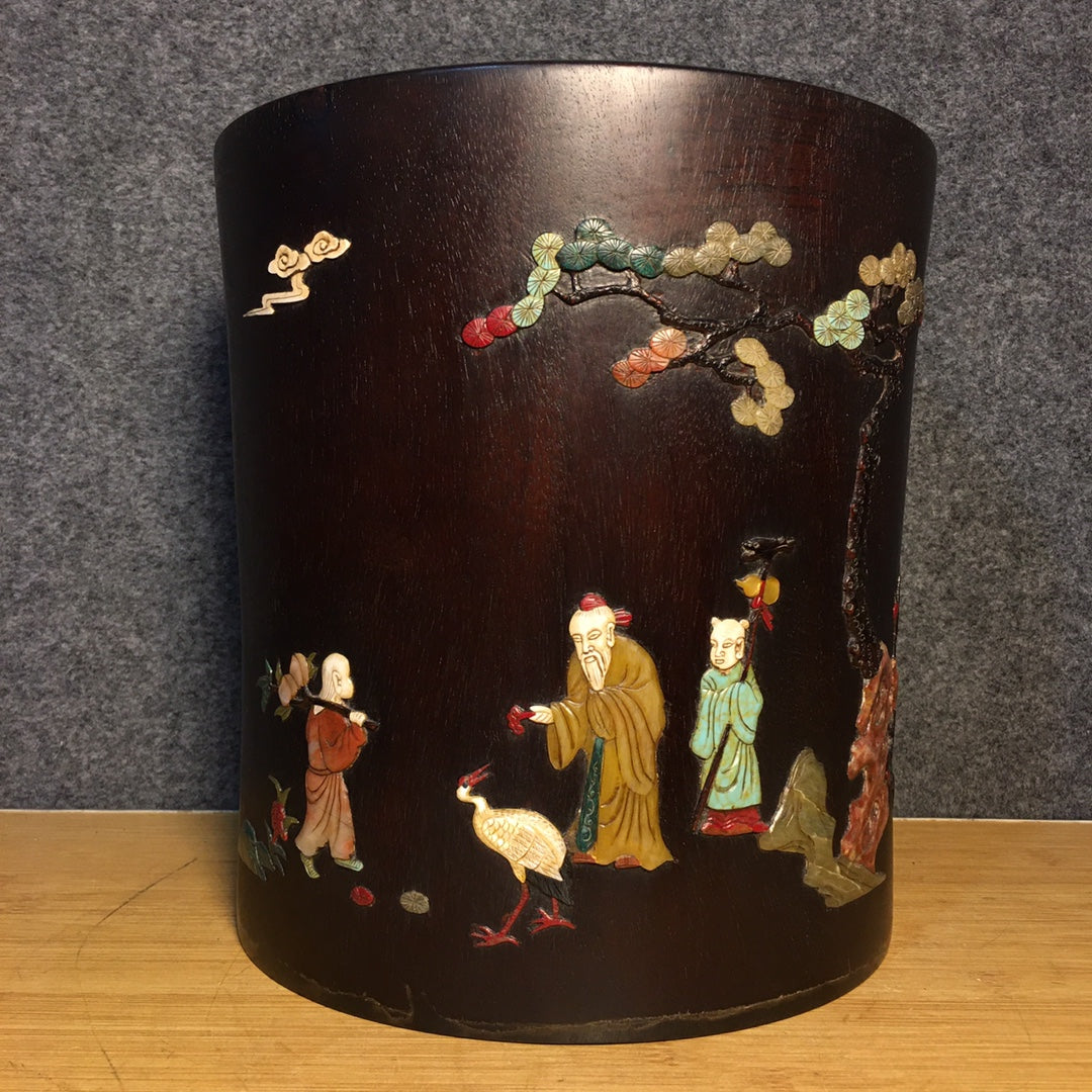 A1544 Vintage Chinese Zitan Wood Inlay Shoushan Stone Pine Tree & Figure Brush Pot