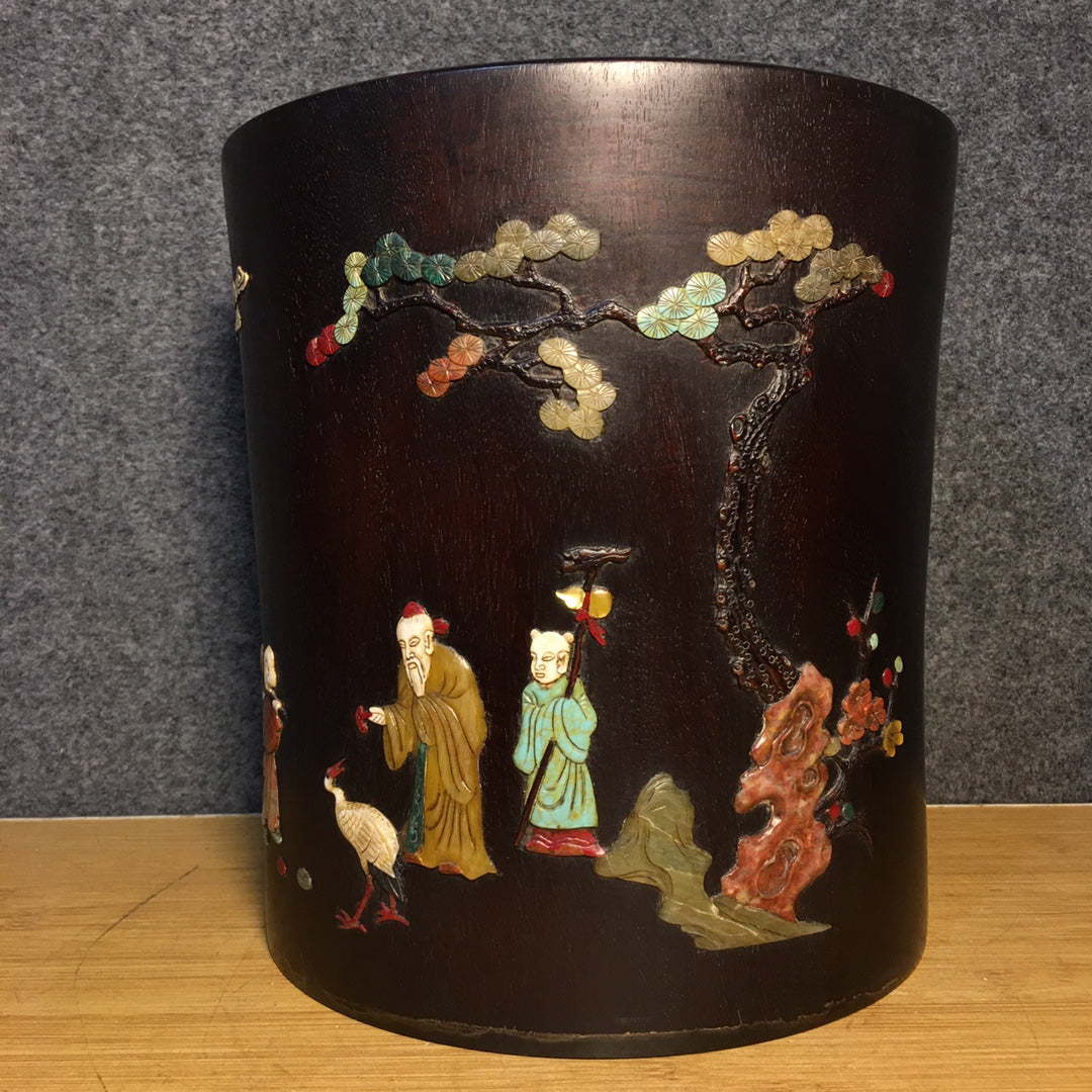 A1544 Vintage Chinese Zitan Wood Inlay Shoushan Stone Pine Tree & Figure Brush Pot