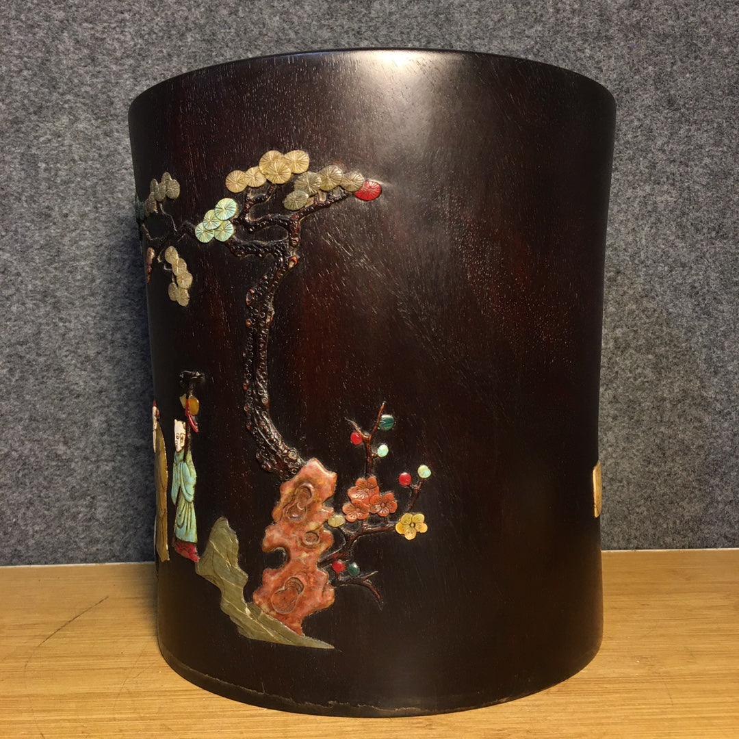 A1544 Vintage Chinese Zitan Wood Inlay Shoushan Stone Pine Tree & Figure Brush Pot