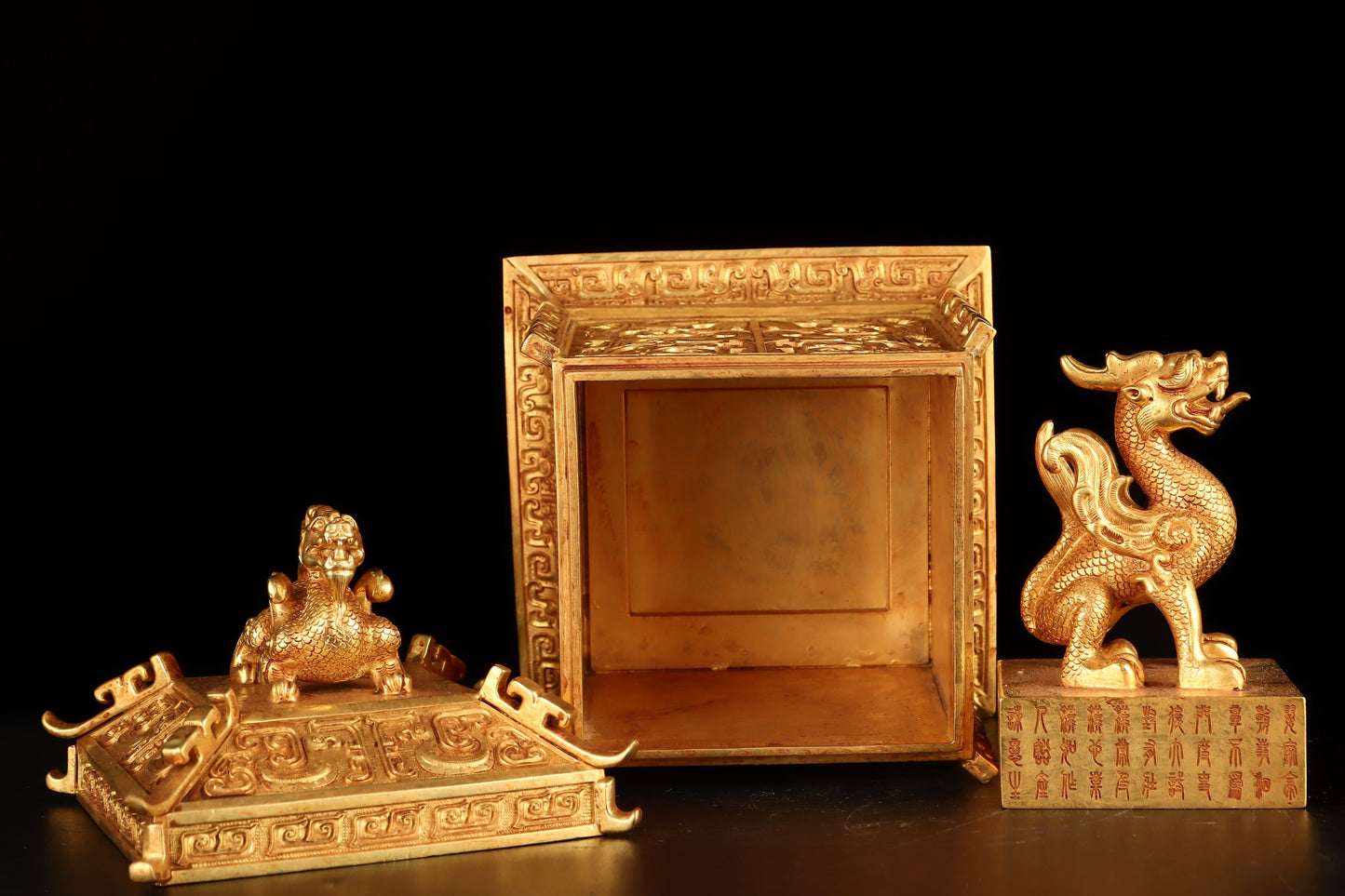 A1554 Chinese Gilt Gold Copper Fortune Dragon Seal & Box
