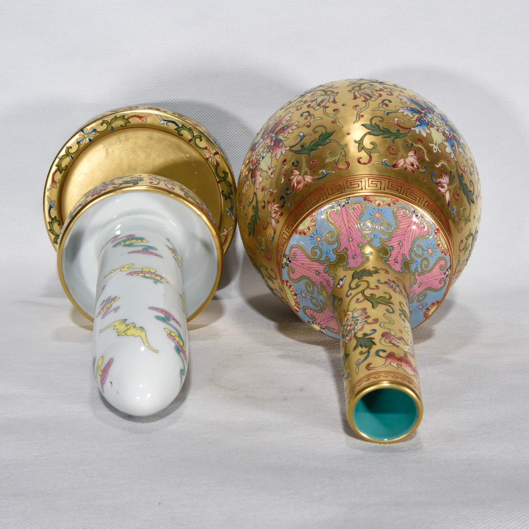 A1564 Chinese Yellow Ground Famille Rose Enamel Flowers Design Turn Heart Porcelain Vase