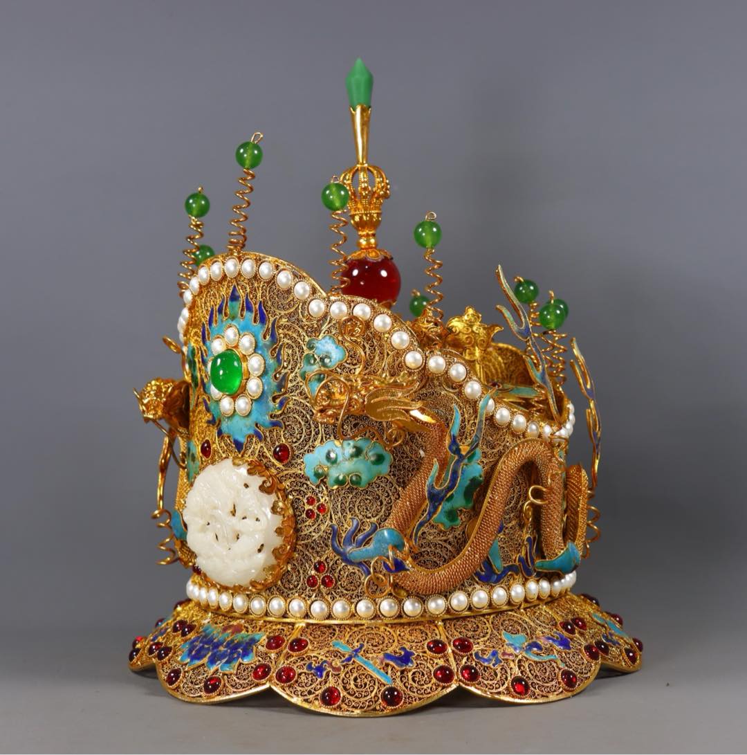 A1566 Exquisite Chinese Gold Wires Enamel Inlay Hetian Jade & Gems Hat Crown