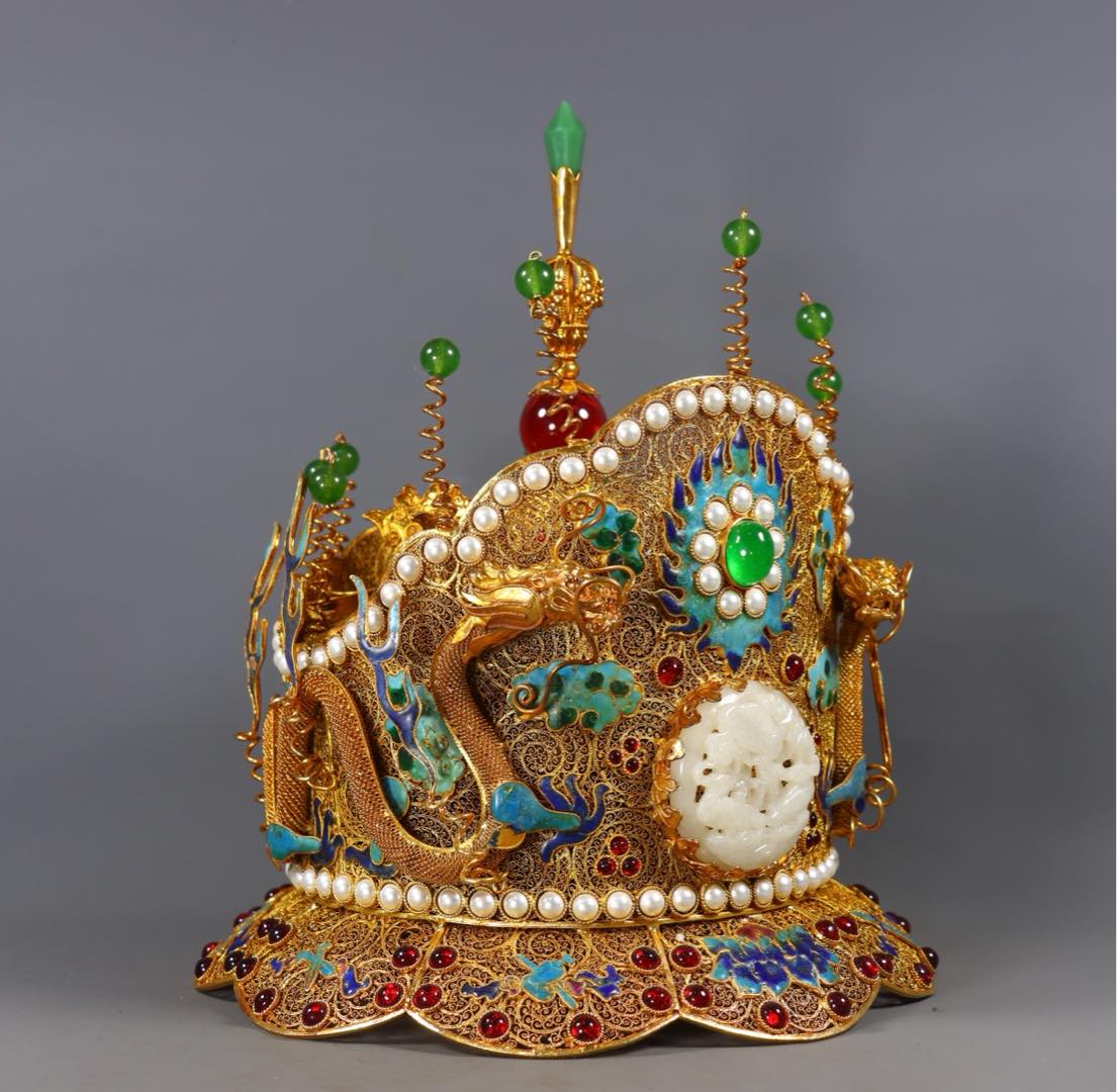 A1566 Exquisite Chinese Gold Wires Enamel Inlay Hetian Jade & Gems Hat Crown